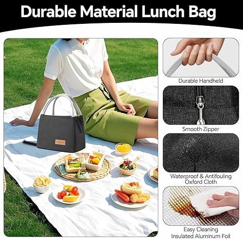 Miniatura 5 de Lonchera pequeña para mujeres, hombres y adultos, con aislamiento, impermeable, portátil, reutilizable, para el trabajo, al aire libre (negro)