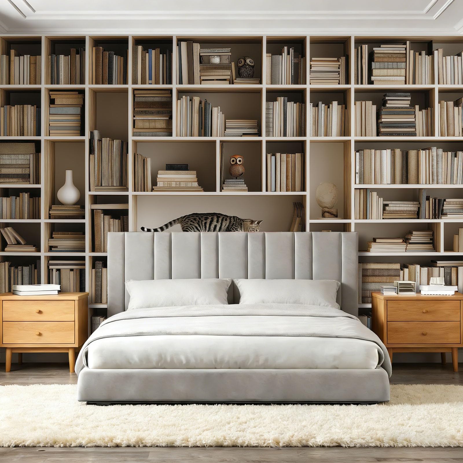 Vlies Fototapete Bücherregal Bücher Tiere Katzen Wohnzimmer Schlafzimmer, Moderner Minimalismus Wandbilder Wand Dekoration Geruchsneutral Vliestapete Wandtapete Poster Für Kindertapete, 350 x 256 cm