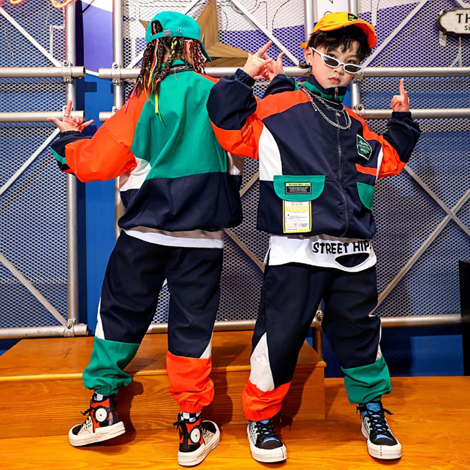 LOLANTA Unisex Kids 80s Tracksuit Hip Hop Dance Outfit Boys Girls Oversized Color Block Jacket Pants 2 Piece Clothing Set