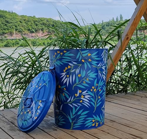 Miniatura 9 de HOZUSO Bote de basura de metal pintado a mano con tapa contenedor de reciclaje organizador de almacenamiento cubo de basura grande decorativo para