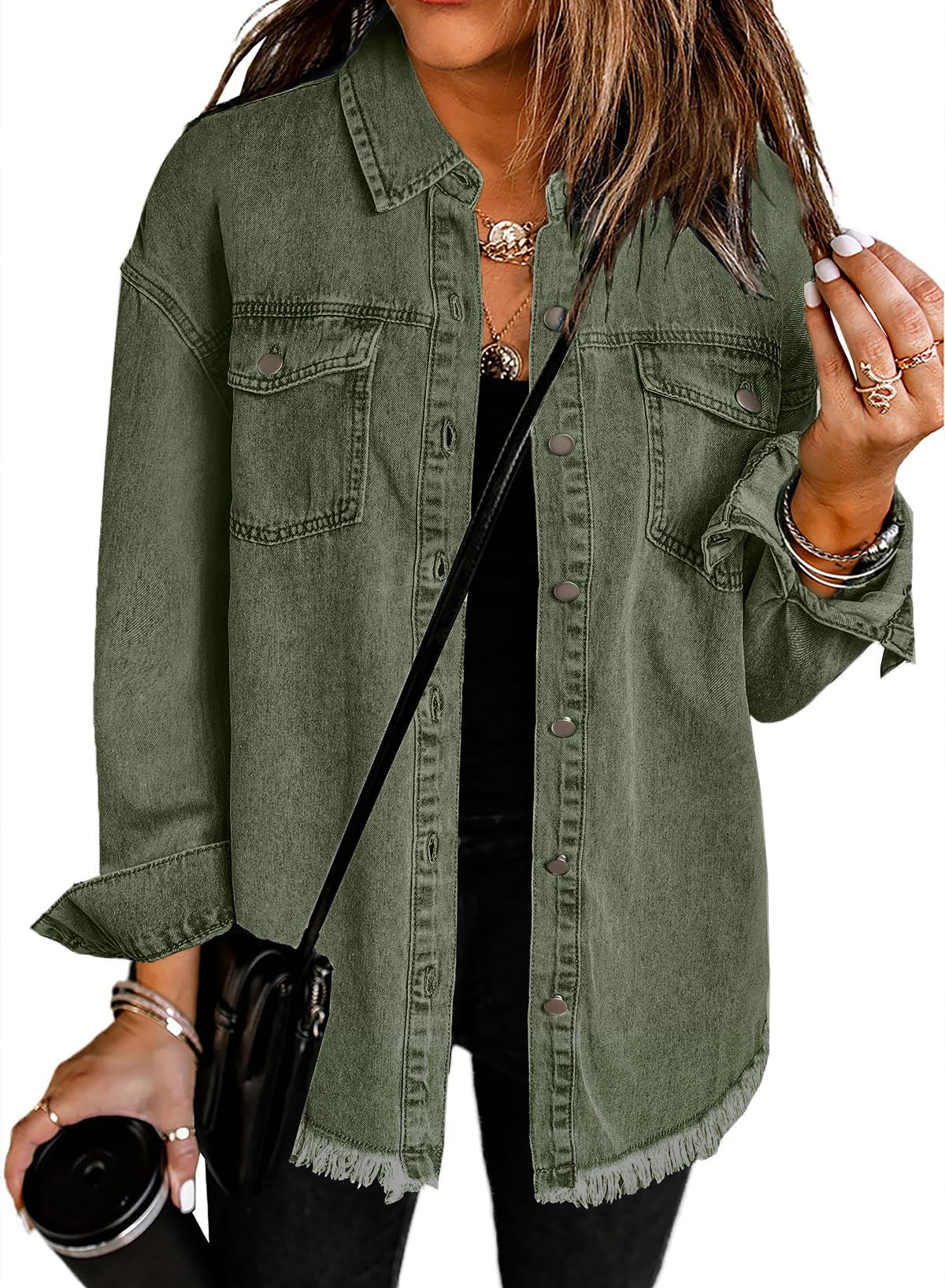Dokotoo Jeansjacke Damen Übergangsjacke Oversize Jeans Jacken Jeanshemd Distressed Fransen Denim Hemdjacke mit Taschen S-2XL