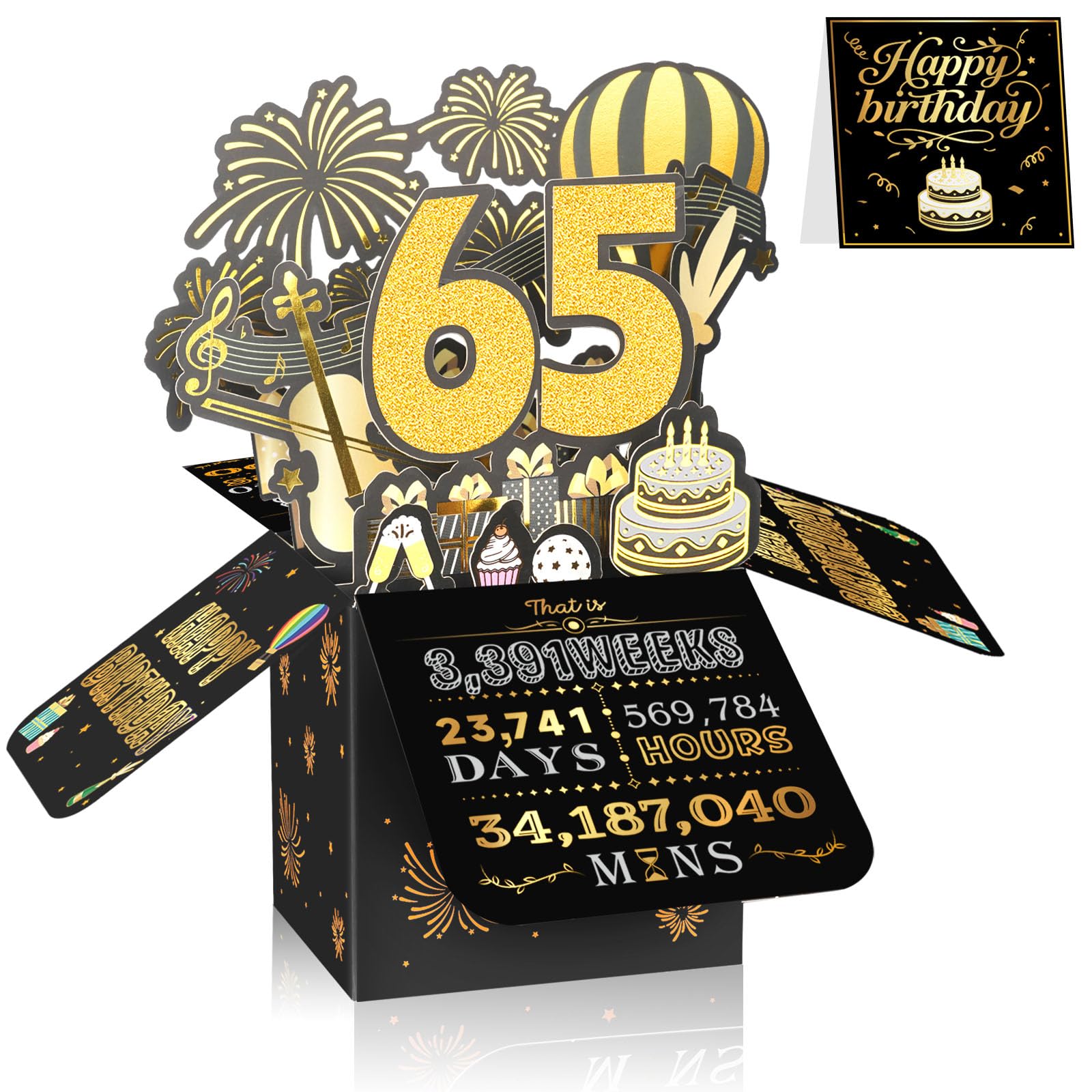 65th Birthday Card for Men & Women, 3D Pop Up Birthday Greeting Card, Black & Gold 65 years old Birthday Decorations & Gifts for Him or Her, Ideal for Father, Mother, Sister, and Special Cousin