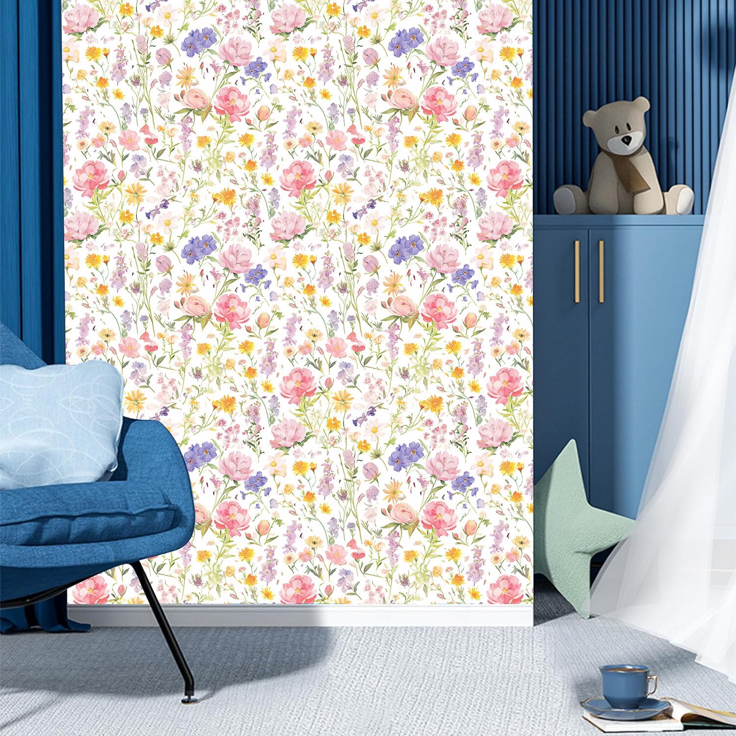 Papel pintado autoadhesivo Flores de acuarelaPequeñas flores rosas Papel tapiz adhesivo Plástico adhesivo impermeable para la parte posterior de la sala de estar el dormitorio los muebles el vinilo