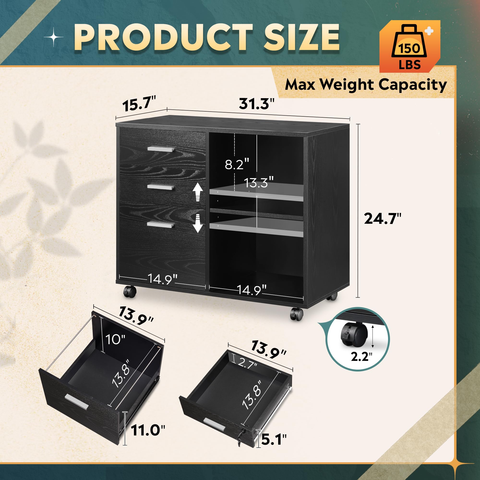 DEVAISE 3 Drawer Mobile File Cabinet Wood Lateral Filing Cabinet Printer Stand with Open Shelves for Home Office — view 2