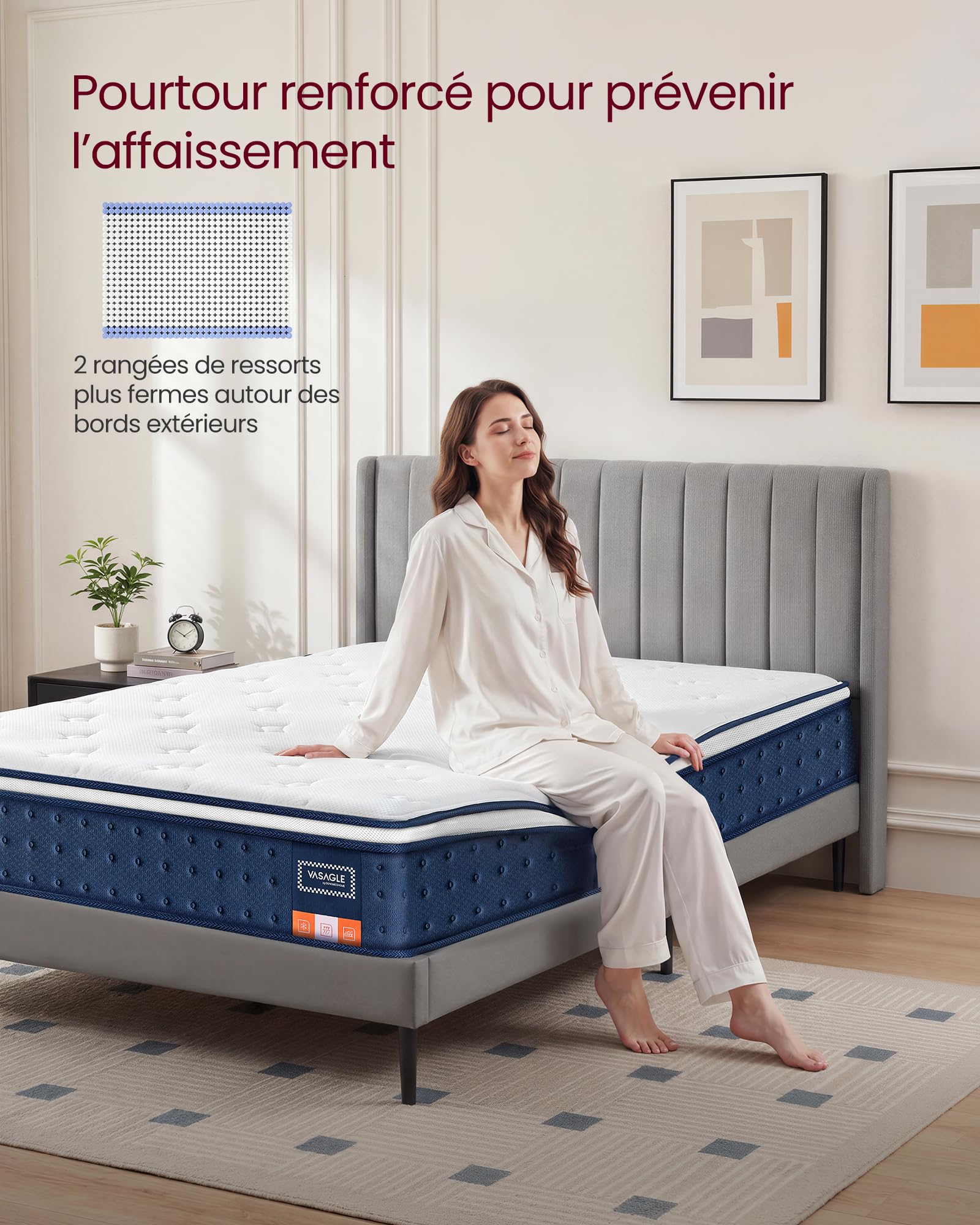VASAGLE Matelas Double 140 x 190 x 25 cm, Matelas Hybride à Ressorts Ensachés, Mousse à Mémoire de Forme Gel, Soutien Mi-Ferme sur 7 Zones, Bords Renforcés, Housse Respirante, Bleu RMZ223QZ02