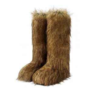 Fur Boots for Women Knee High Tall Long Furry Fuzzy Black Platform Snow Winter Round Toe Comfortable Mid-Calf