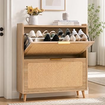 Shoe Cabinet, Rattan Shoe Storage Cabinet for Entryway with Flip Drawers