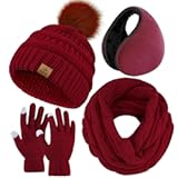 4-In-1 Winter Warm Sets Knitted Scarf Touch Screen Gloves Beanie Pompom Hat and Winter Ear Warmer for Men or Women