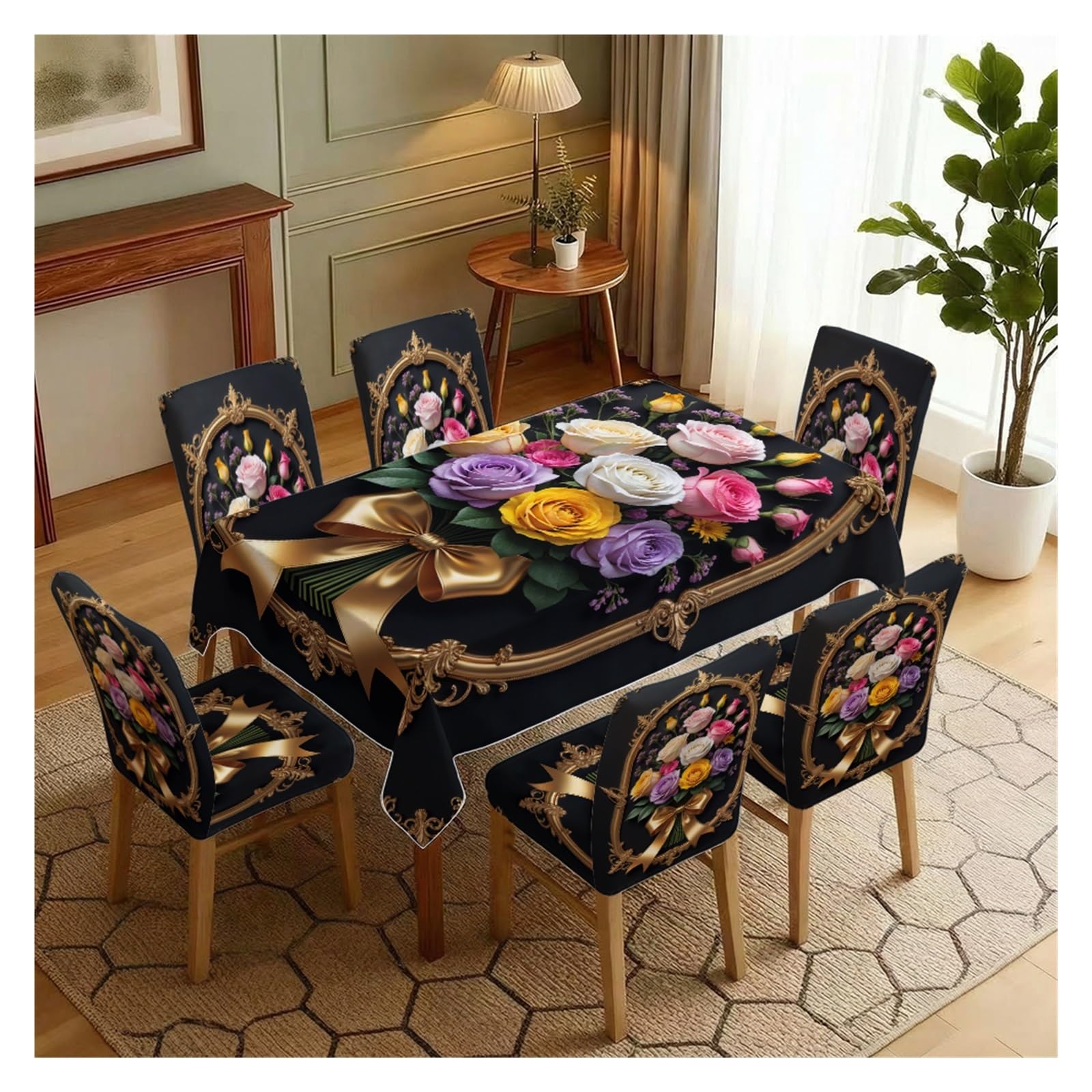 BOSUYBN Stretch Dining Chair Slipcover & Tablecloth Set, Black Background Colorful Rose Bouquet Print, 5/7 Pack, Vintage Luxury Romantic Home Decor Table Setting(7pcs Set: Tablecloth+Chair Covers)