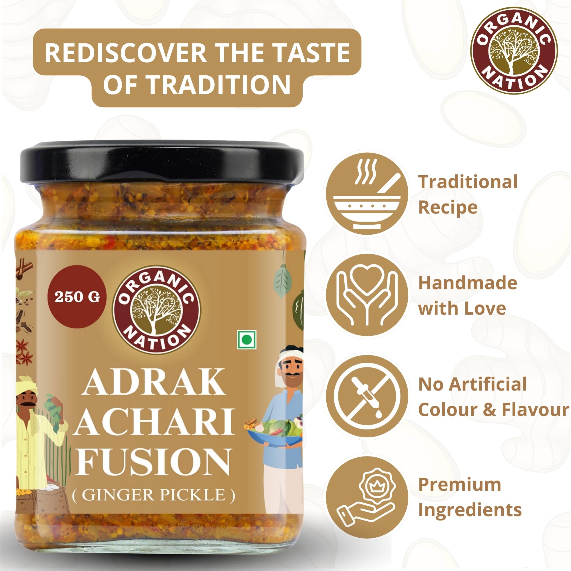 ORGANIC NATION Zesty Adrak Achari Fusion Ginger Pickle - Homestyle Indian Pickle with Authentic Flavor, Perfectly Mixed for a Tangy Delight, 250g, No Preservatives Natural Golden Hue 2