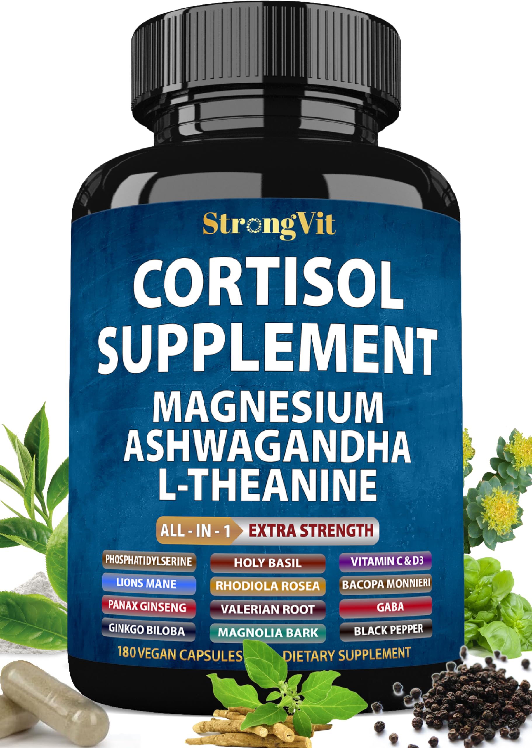 StrongVit 마그네슘, 아쉬와간다 및 L-테아닌이 함유된 여성 및 남성용 코르티솔 보충제 하이 코티솔 리듀서, 매니저, 디톡스, 하부 및 조절. 수면 지원 및 스트레스 완화, 미국 (180캡슐)