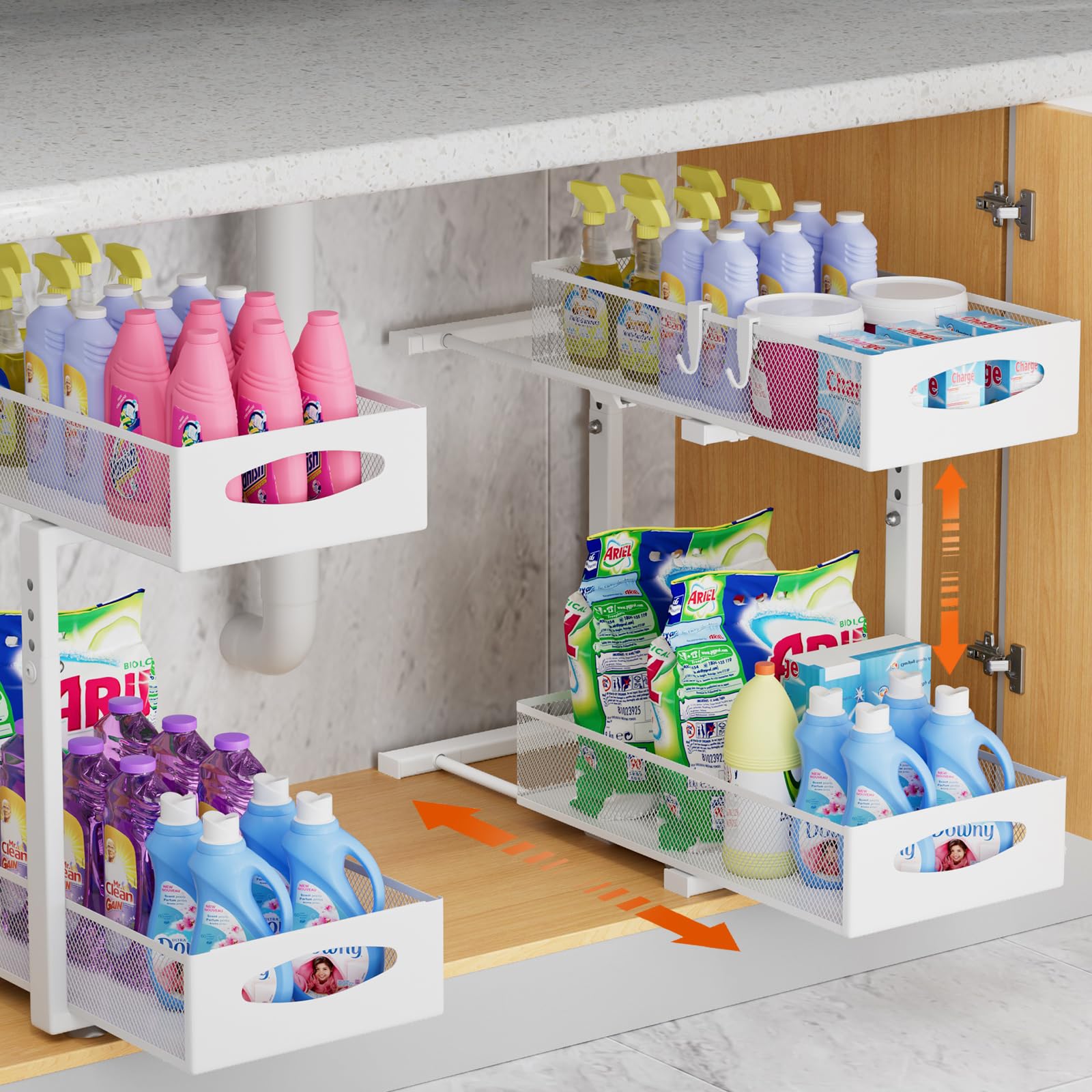 Housolution Organizador Bajo Fregadero de Metal, 2 Niveles Estanteria Bajo Fregadero Extraible con Altura Ajustable, Estante de Almacenamiento Bajo Fregadero para Cocina, 2 Piezas, Blanco