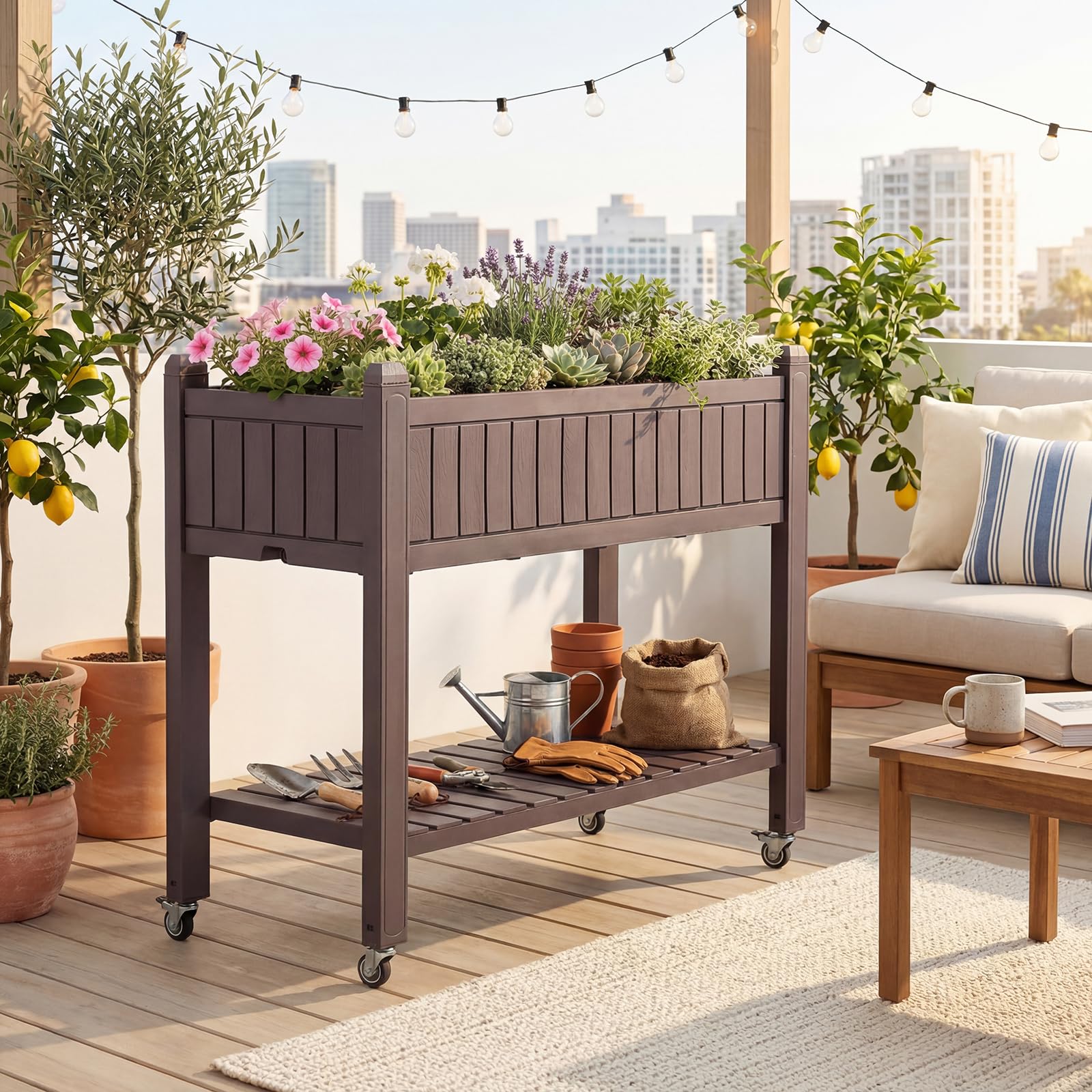 GOPLUS Hochbeet mit Rollen & Ablageregal, erhöhtes Gartenbeet mit Ablauflöchern, wasserfester Pflanzkasten aus Kunststoff & Metall, Kräuterbeet für Garten, Balkon & Terrasse, 108 x 44 x 88,5 cm