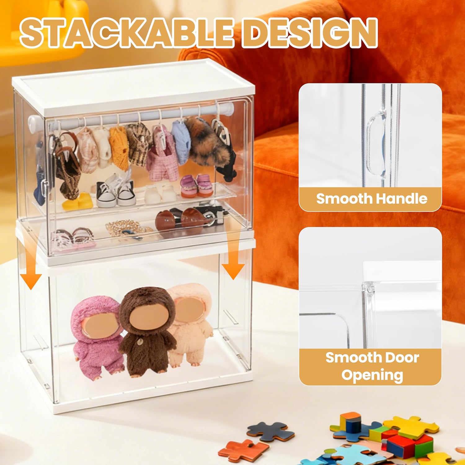 Clear Acrylic Doll Wardrobe Compatible with Labubu, 10 Hangers, 1 Rod & 2 Supports, Dust-Resistant Stackable Organizer Cabinet Storage Box for 15/17cm Doll Clothes Shoes (Clear)