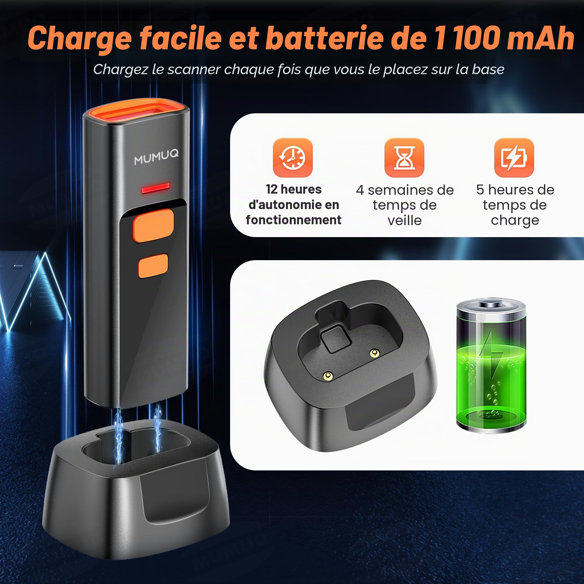 Lecteur Code-Barre Douchette sans Fil Mini, Scanner 1D 2D QR, Connexion 3-en-1 (Bluetooth 5.2/2.4GHz/USB), Compatible avec Windows PC, Mac, iOS, Android, Tablettes - avec Station de Charge
