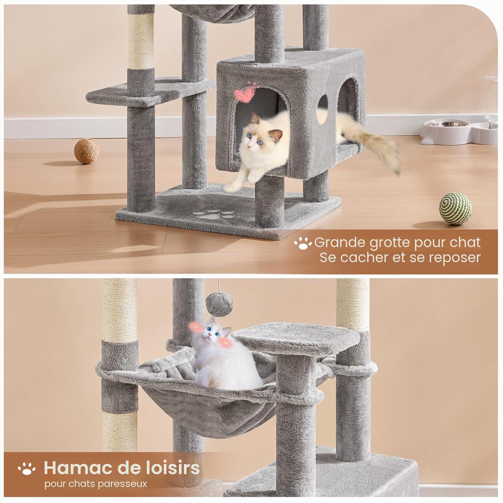 MSmask Grand arbre à chat stable en L avec 2 plateformes, 2 niches pour chats, hamac, colonnes en sisal, arbre d'escalade à plusieurs étages pour chats (gris clair, 160 cm)