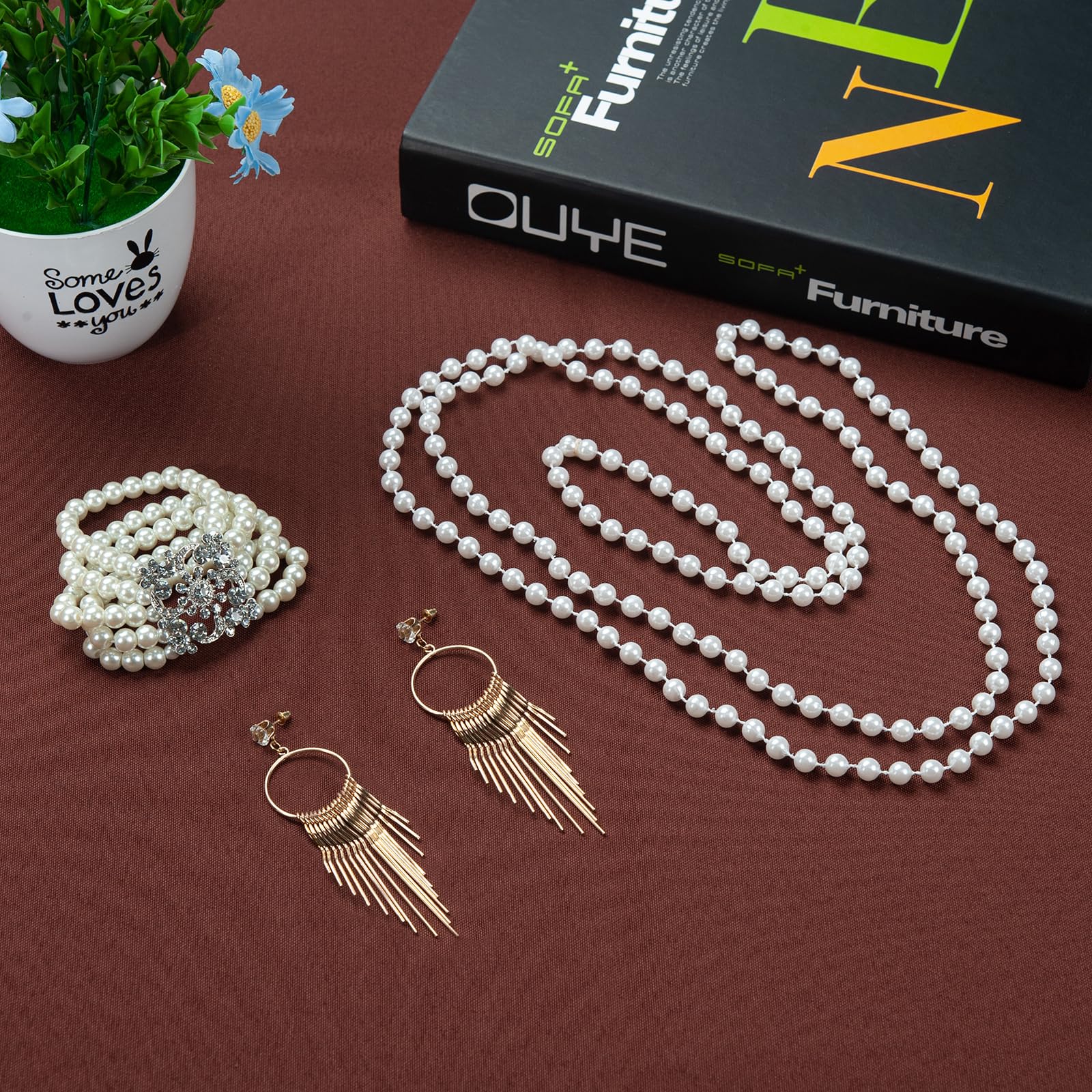 1920s Pearl Jewelry Set - Long Pearl Necklace, Earring Set, Multilayer Bracelet - Flapper Accessories for Women