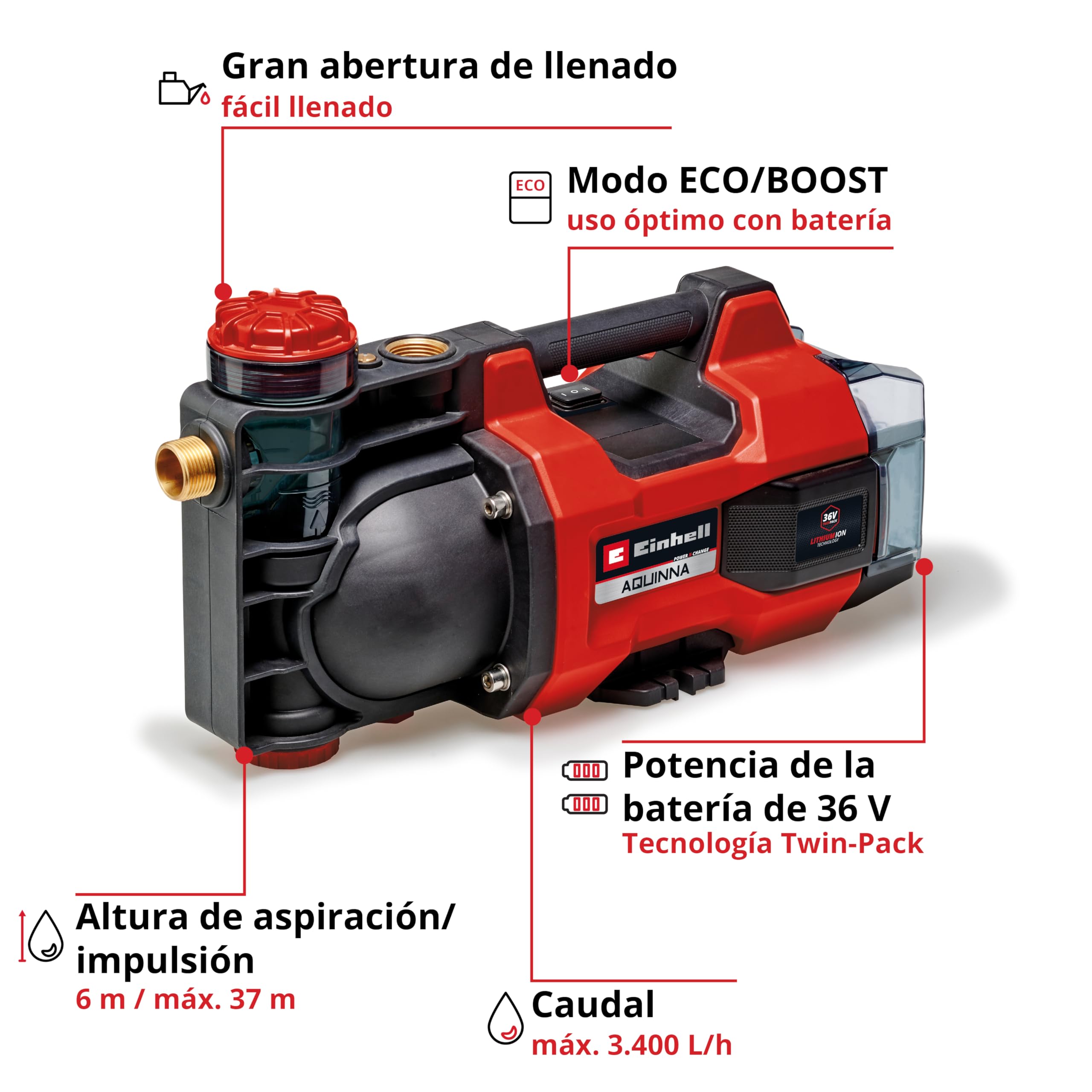 Einhell Bomba de jardín con batería AQUINNA 36/34 Power X-Change (36 V, caudal máx. 3400 l/h, máx. 37 m de altura de impulsión, protección contra heladas y sobrecargas, sin batería)