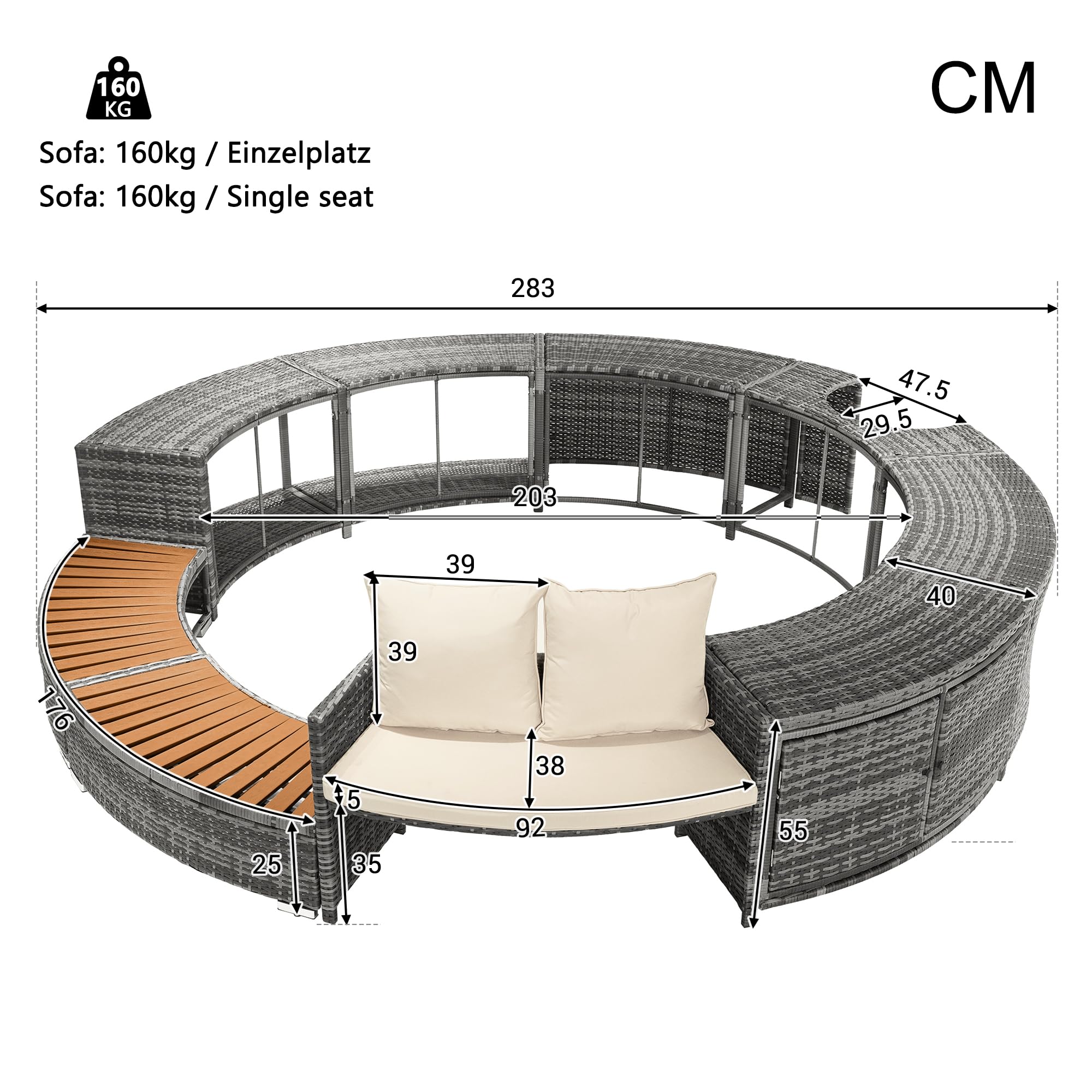 Set de salón de jardín Shye con sofá redondo, juego de muebles de jardín, set de salón, para jacuzzi y piscina, con patas ajustables, incluye cojines, muebles para terraza, jardín o área de piscina