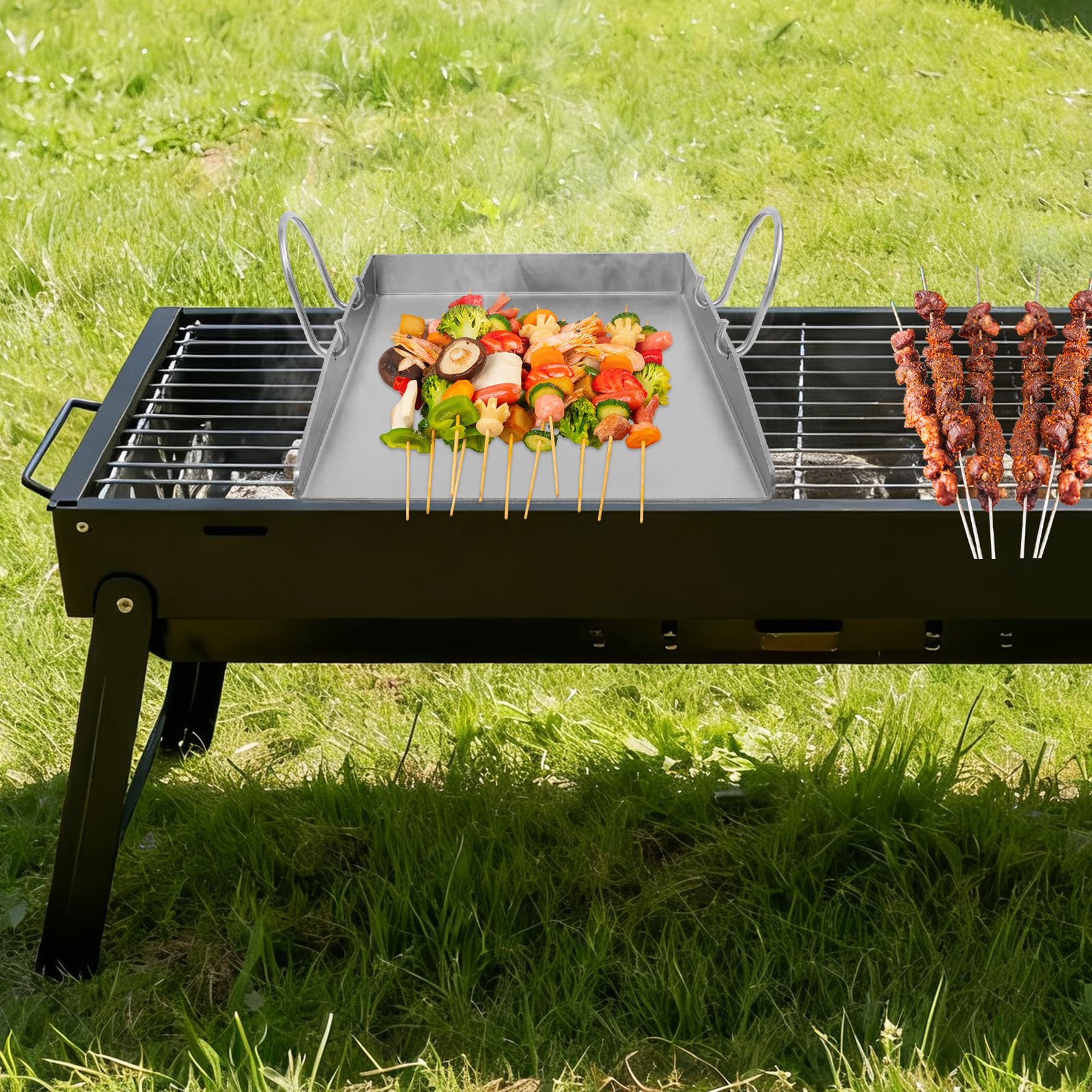 Plancha, piastra per barbecue in acciaio inox, resistente al calore a 338 °C, 40 x 30 cm, con 2 spatole e manici rimovibili, per esterni e campeggio