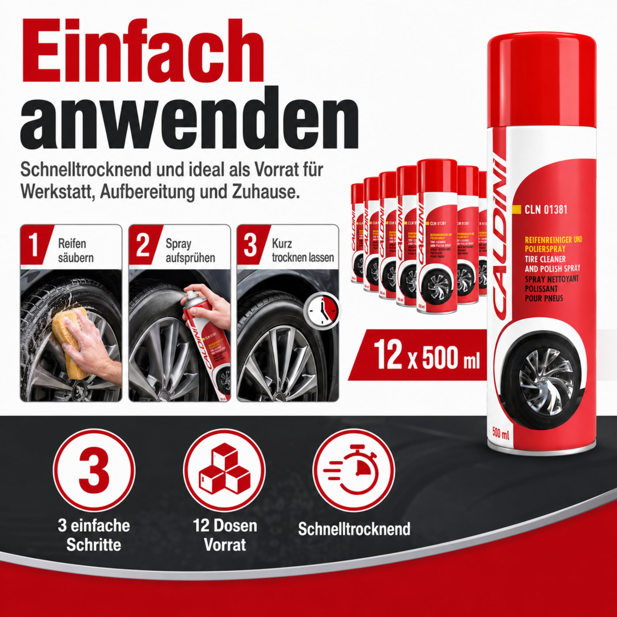 Caldini Reifenglanz Spray 12 x 500 ml, Premium Reifenpflege und Gummipflege, reinigt und pflegt Reifenoberflächen, sorgt für Glanz und Schutz vor Austrocknung, ideal für Auto, Motorrad und Transporter