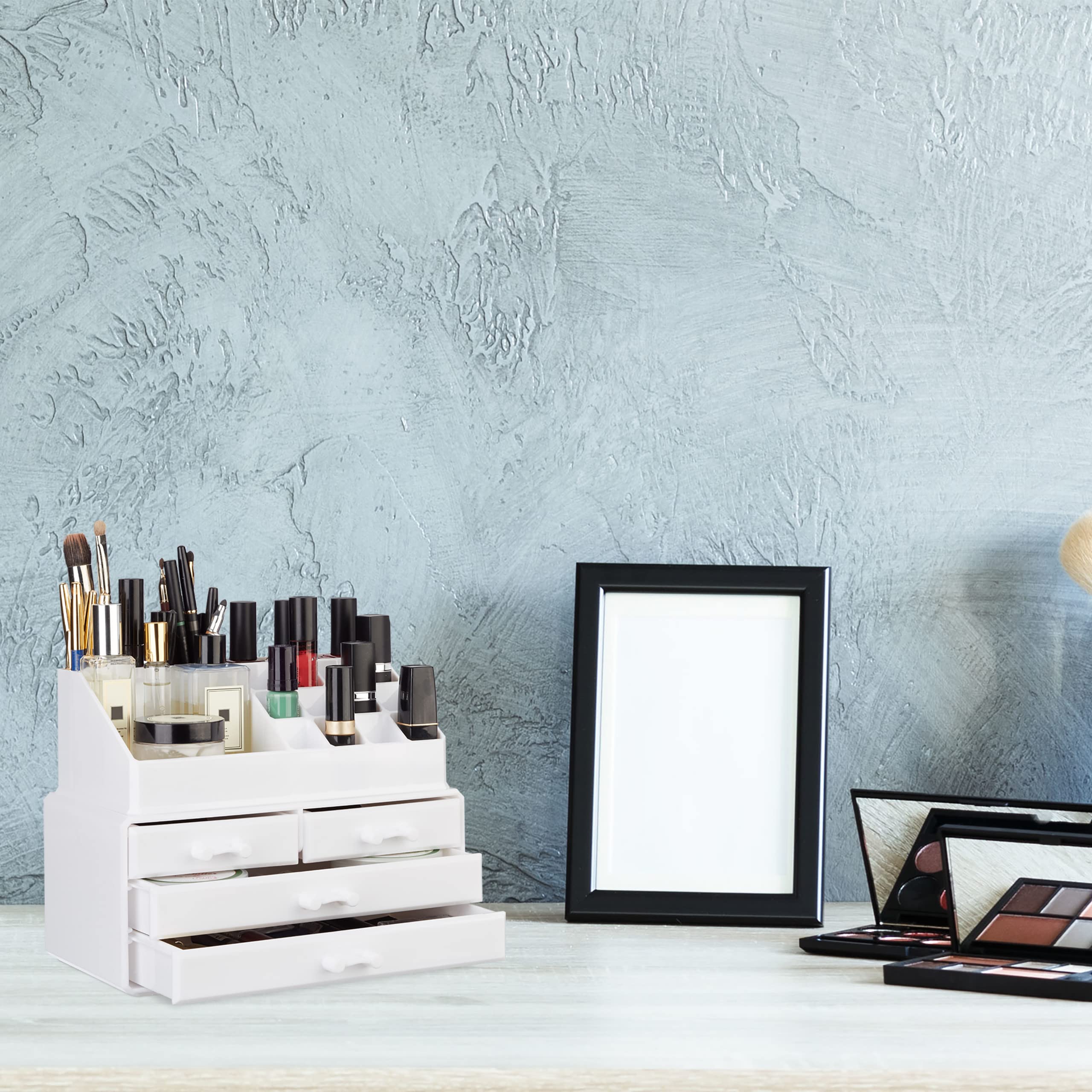 Relaxdays Organizer Make-up, Contenitore con Porta-Rossetti e 4 Cassetti, Acrilico, Beauty Box Salvaspazio, Bianco