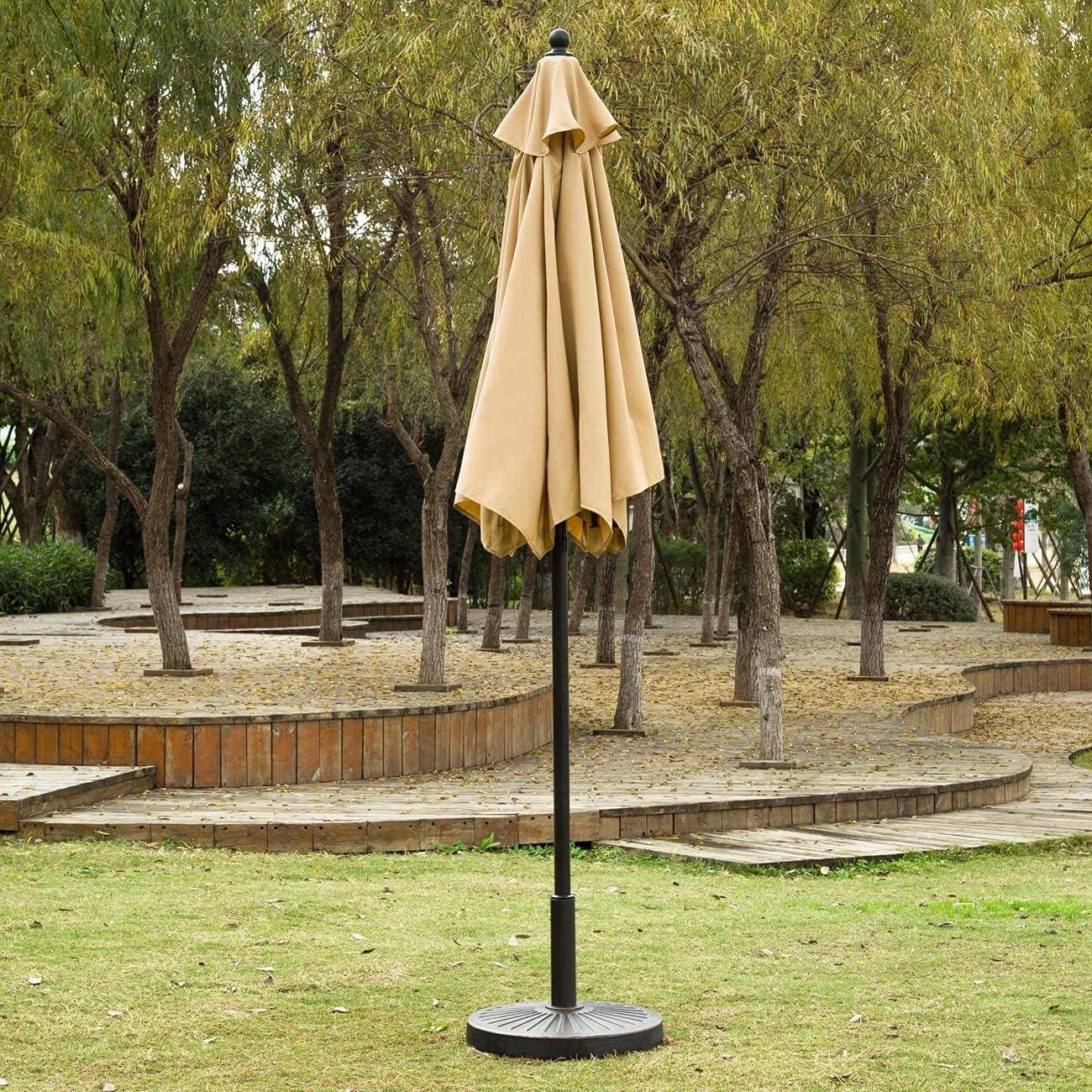 Sunnyglade 7.5' Patio Umbrella 6 Ribs (Tan) | 18" 30.2-lbs Heavy Duty Round Antiqued Umbrella Base, Bronze
