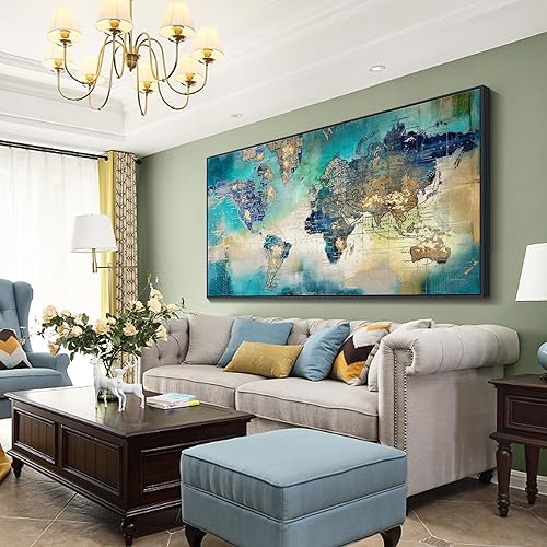 Miniatura 4 de Pogusmavi Lienzo decorativo con mapa del mundo, arte abstracto de pared para oficina y sala de estar, verde, 30 x 60 pulgadas, marco negro