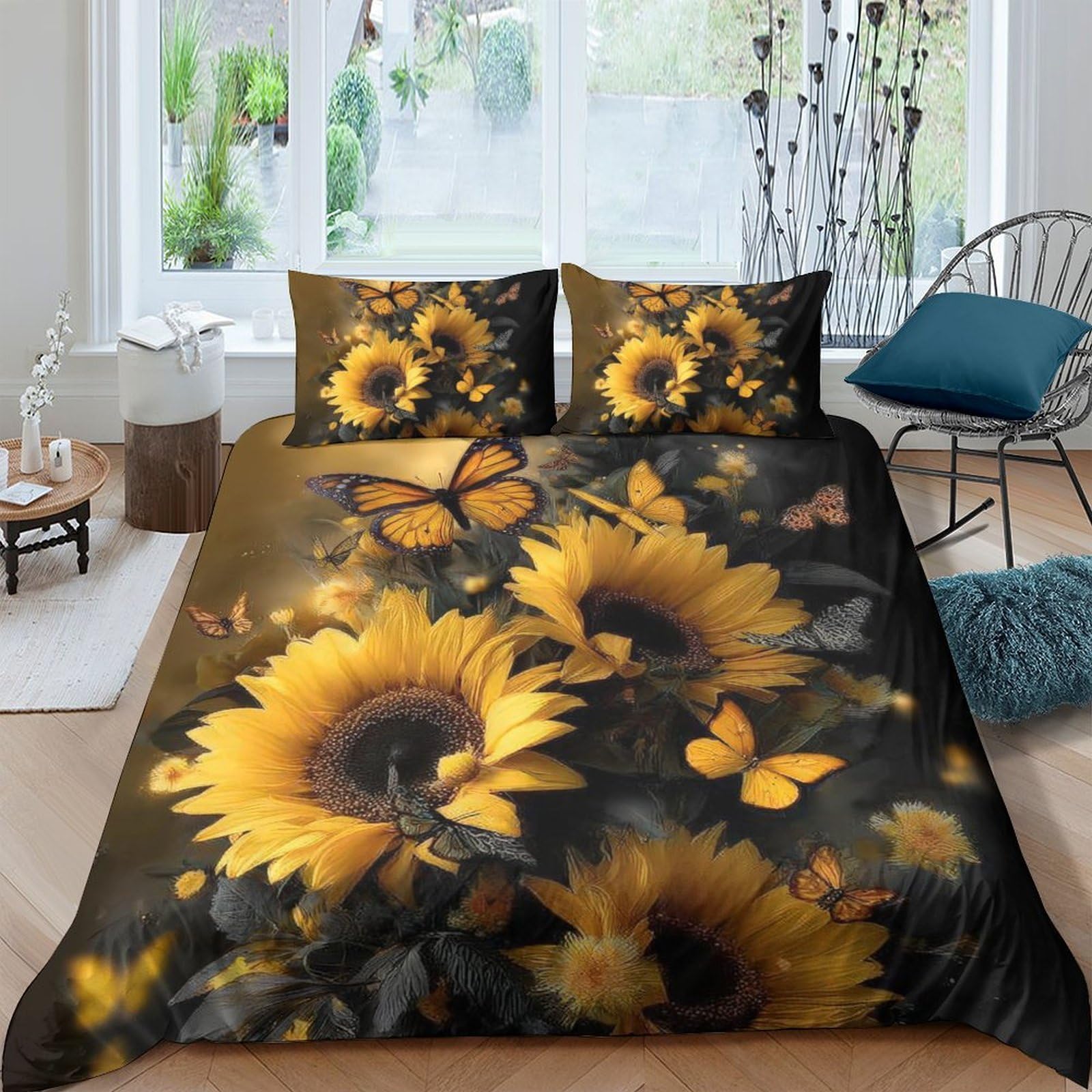 GPLZQXKJNH 3D Printed Sunflower Butterfly Duvet Cover Set Microfiber Soft Breathable Bedding Set with 2 Pillowcases for Bedroom Decor Rental Apartment Single（135x200cm）