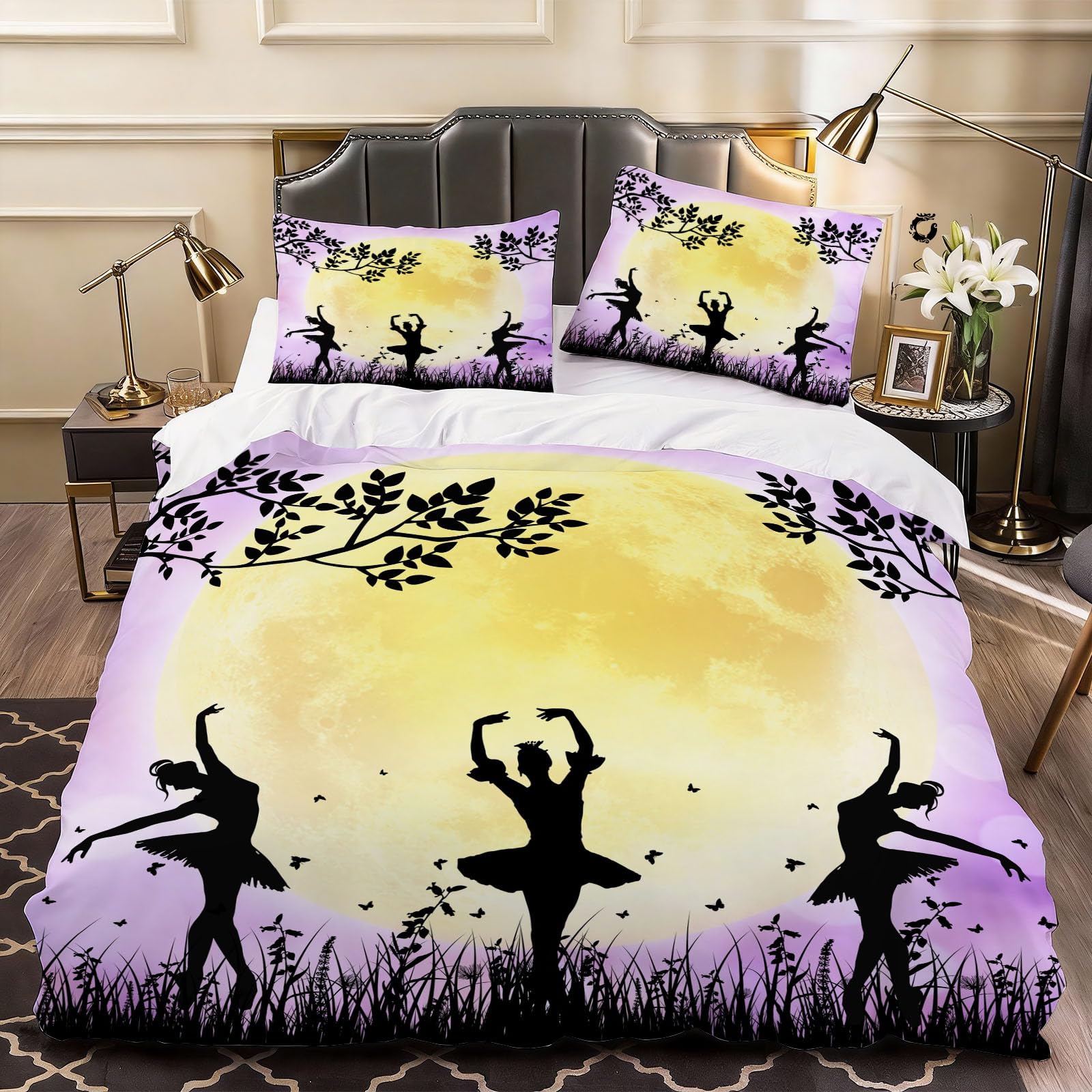 3D Ballet Dancer Duvet Cover Cute Lovely Bedding Super King Bed Set, Soft Microfiber Comforter Cover Printed with Zipper Closure Quilt Coverr 260x220 cm and 2 Pillowcases