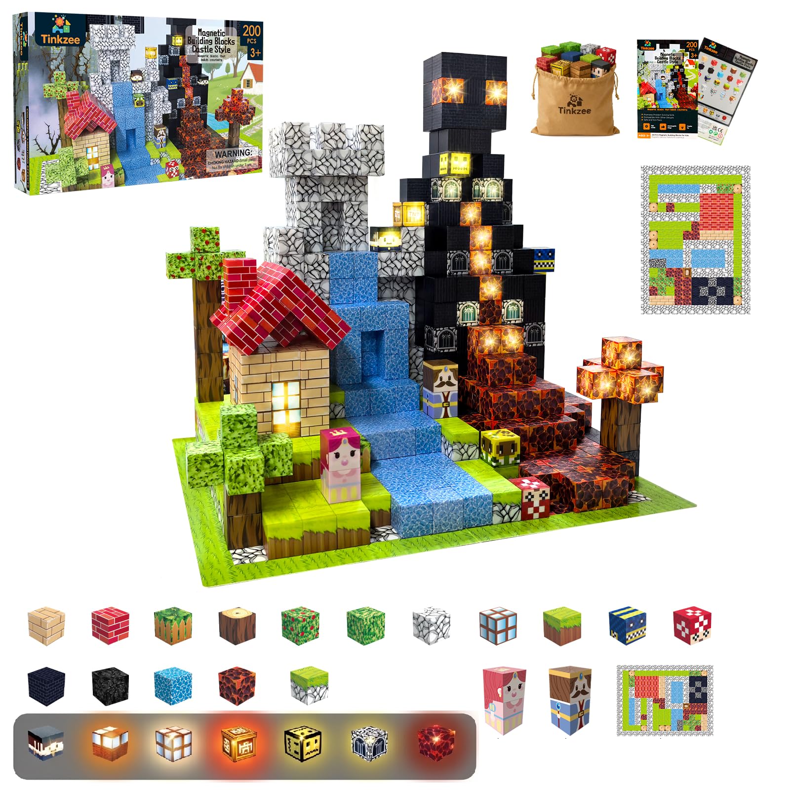 Tinkzee 200 PCS Magnetic Building Blocks – STEM Educational Magnet Cube Set with 15 LED Light-Up Blocks & Foldable Magnetic Board, Creative Construction Toy Gift for Kids (Boys & Girls Ages 3+)