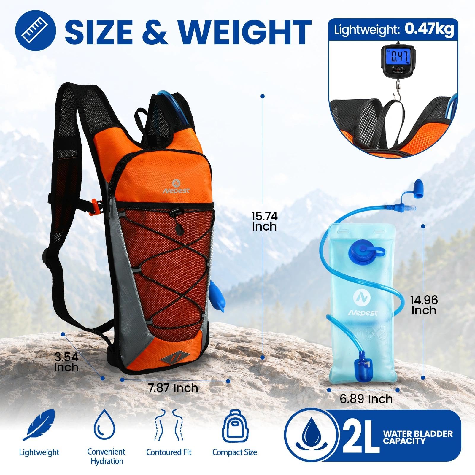 Nepest Mochila para bicicleta de 6 l – MTB & Outdoor Compañero con bolsa de hidratación de 2 L | Cinturón ajustable en el pecho y la cintura con silbato de seguridad | Para ciclismo, correr y esquiar