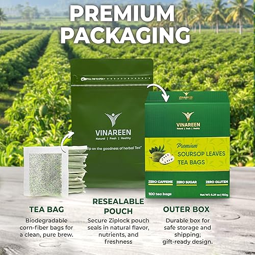 Miniatura 7 de VINAREEN Té de hojas de guanábana - 100 bolsas de té - Hecho de hojas de guanábana 100% puras seleccionadas a mano y secas - Te De Guanabana -