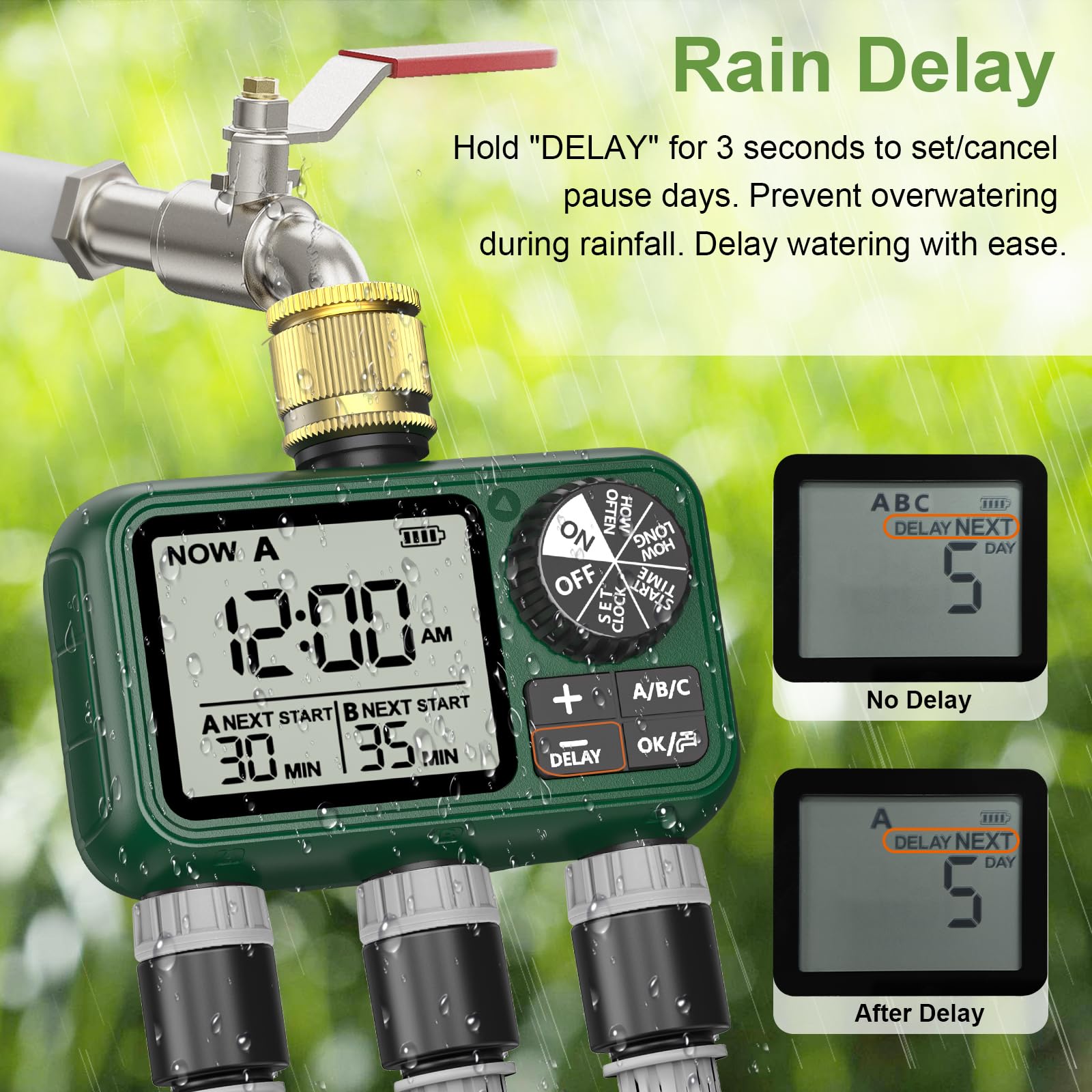 Sprinkler-Timer, großes LCD-Display, 3-Zonen, Wasser-Timer, mit Regenverzögerung, manuelles und automatisches Bewässerungssystem für Gartenschlauch-Wasserhahn, Outdoor-Bewässerungssteuerung