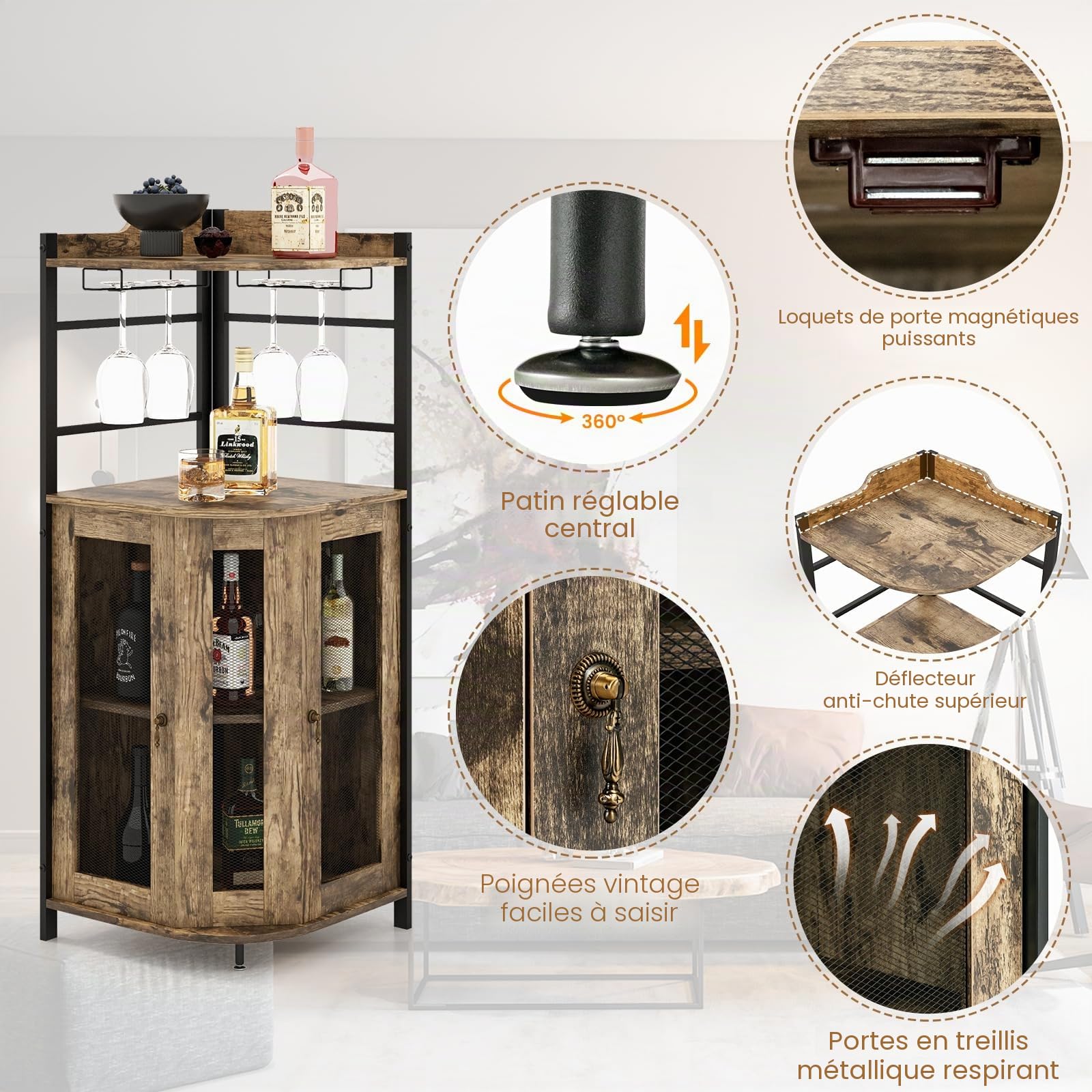 GOPLUS Armoire à Vin d'angle Style Industrielle avec Étagère Réglable et Porte en Maille, Meuble de Rangement avec Porte-Verre à Vin, Armoire de Rangement sur Pieds pour Bar, Cuisine, Salon