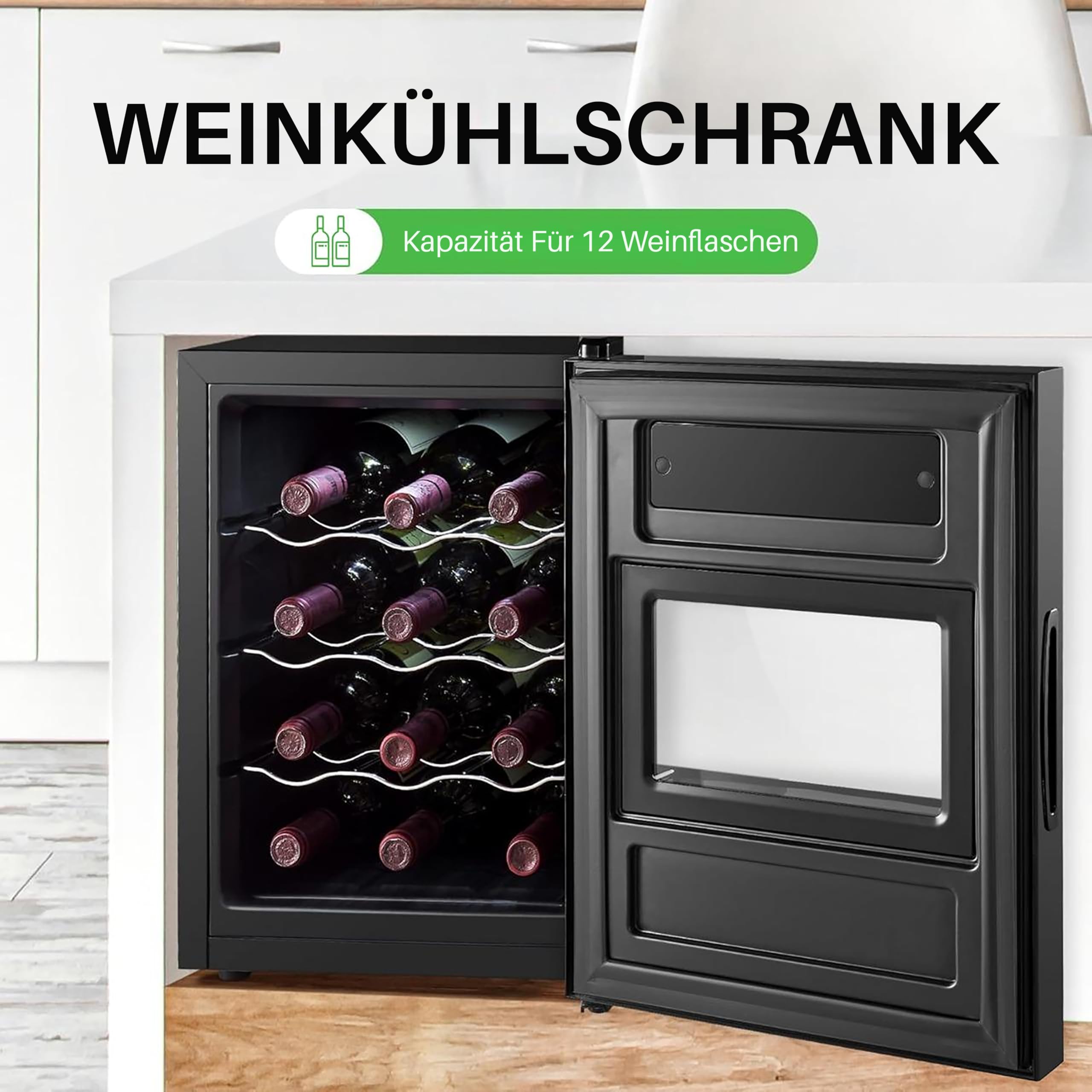 NutriChef Cantinetta Frigorifero Singola Zona-Wine Cooler/Chiller, Controllo Digitale a Pulsante con Guarnizione Ermetica, Posizionamento per Bottiglie in Piedi (Capacità di 12 Bottiglie), Nero