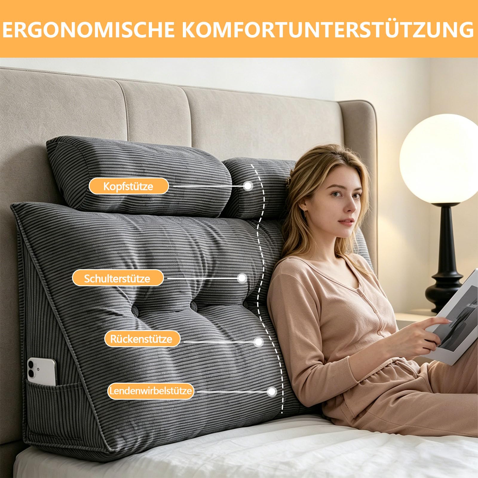 120 * 50 * 20cm Wandkissen, Groß Keilkissen mit 2 Rundes Kissen | Rückenkissen Für Bett Und Sofa mit Waschbarer Kissenbezug&praktischem Seitenfach, ErgonomischesSofa Kissen zum Lesen Arbeiten