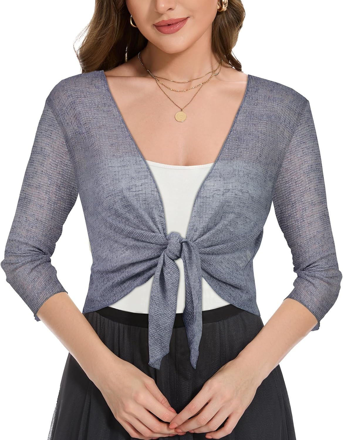 Women Crop Cardigan Sheer Mesh Bolero Shrug for Dress Tie Front 3/4 Sleeve Tops - Image 7