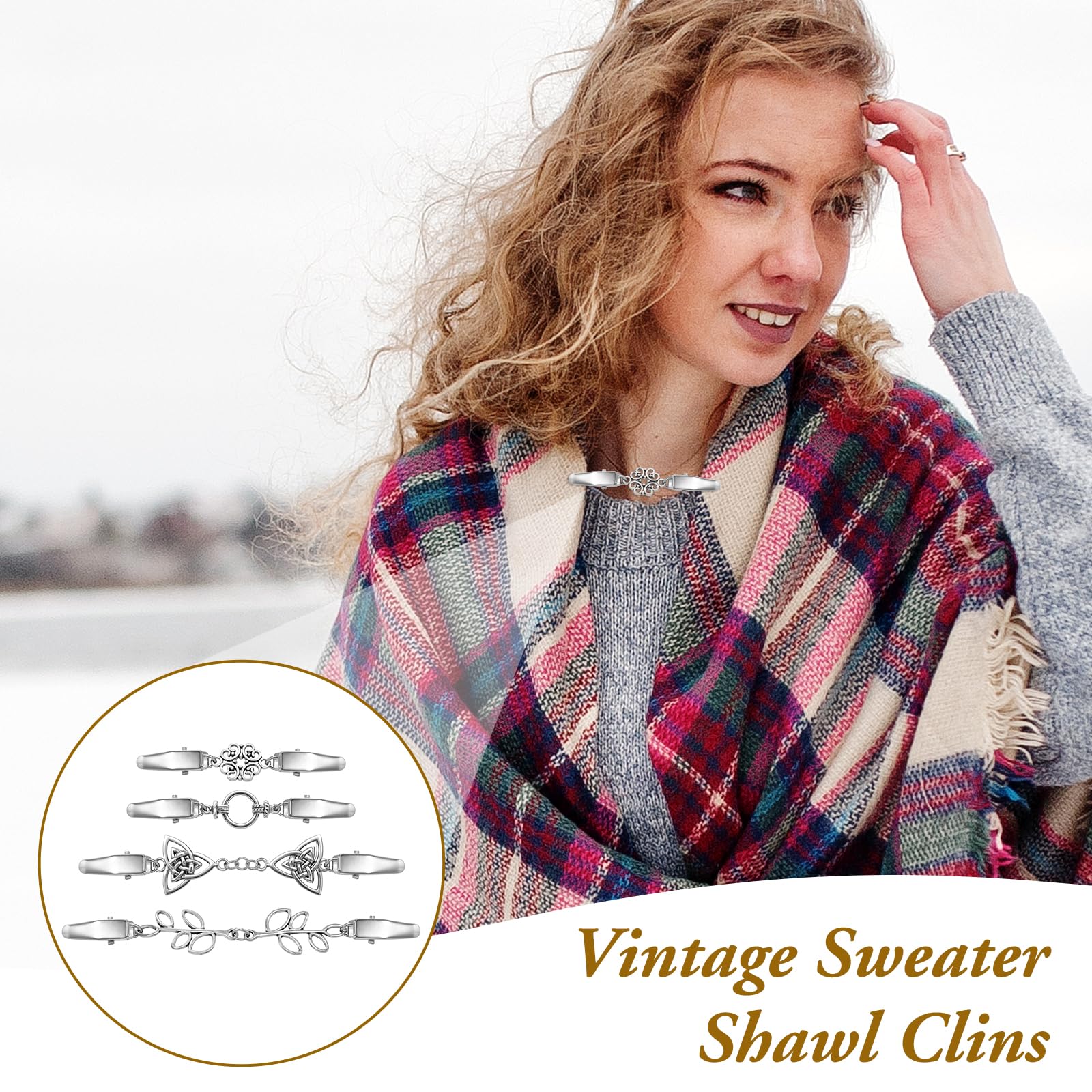JJUNW 4 sztuki klipsów do kardiganu w stylu vintage, metalowe broszki, srebrne bluzki i sukienki, retro, eleganckie zapięcie