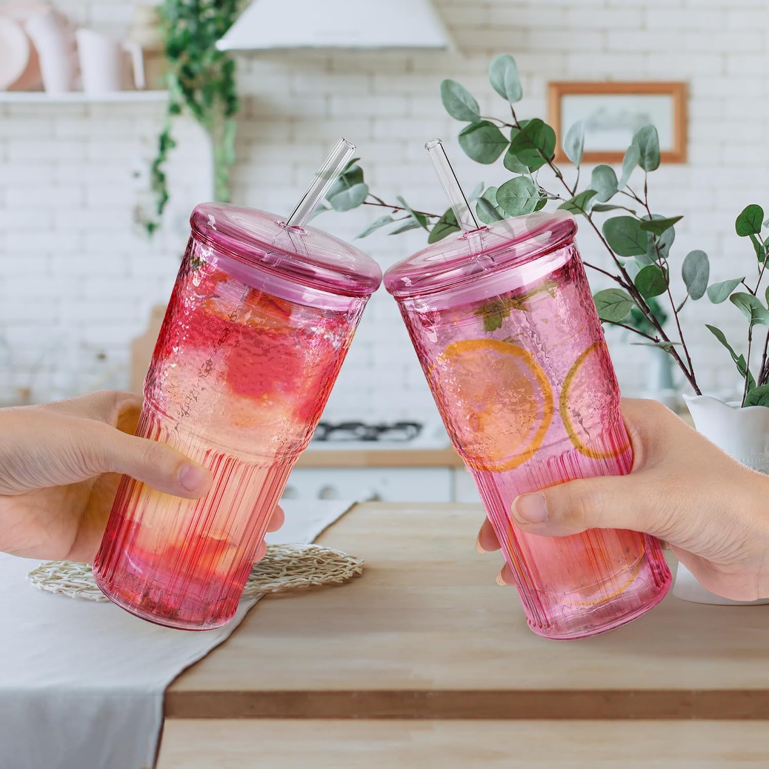 Joeyan 22 oz Pink Glass Tumbler with Straw and Lid for Iced Tea Coffee Smoothie Water Juice Beverages Soda,Ribbed Glasses Cups,Borosilicate Drinking Jar,Set of 2,Dishwasher Safe - Image 4