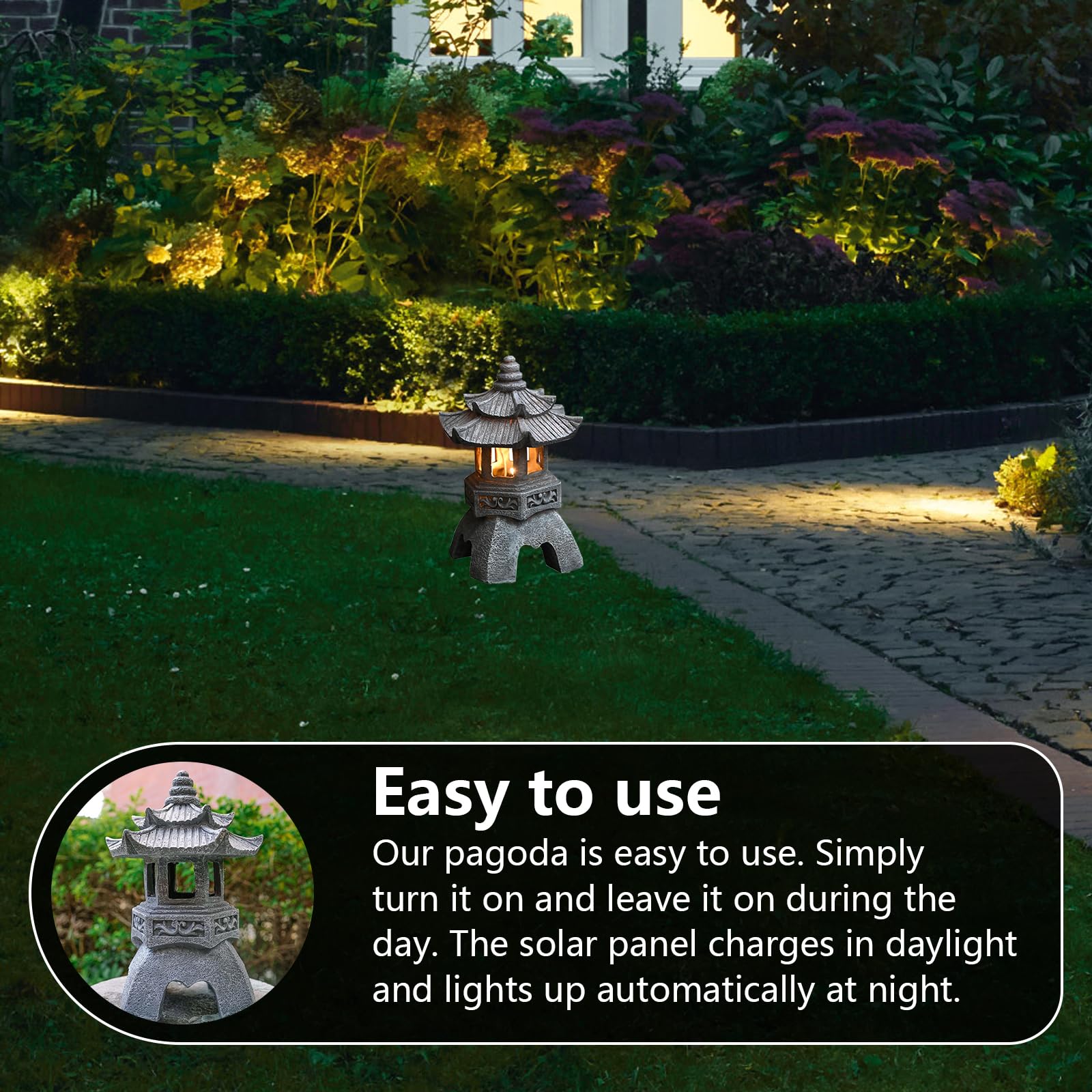 Lanterne Solaire de Jardin, Zen Statue de Jardin Décorative en Résine, Lampe Solaire pour Extérieur, Ornements Lanterne Japonaise en Pierre, Statue Décoration pour Balcon, Terrasse, Véranda et Cour