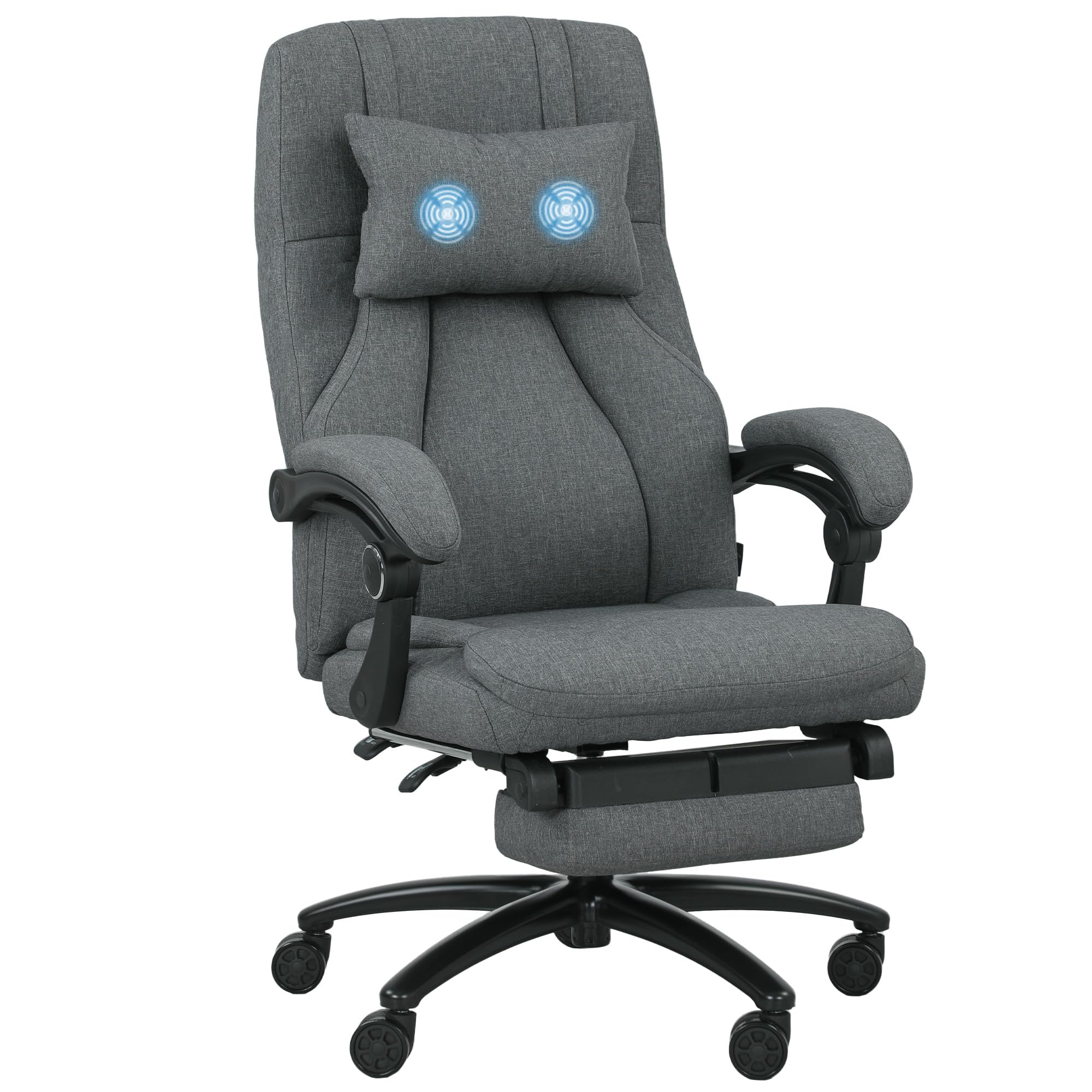 Vinsetto Bürostuhl mit Massagefunktion Ergonomischer Chefsessel mit Liegefunktion, Fußstütze Höhenverstellbar 360° Drehbar Schreibtischstuhl mit Kopfstütze, USB-Schnittstelle, Leinenoptik, Dunkelgrau