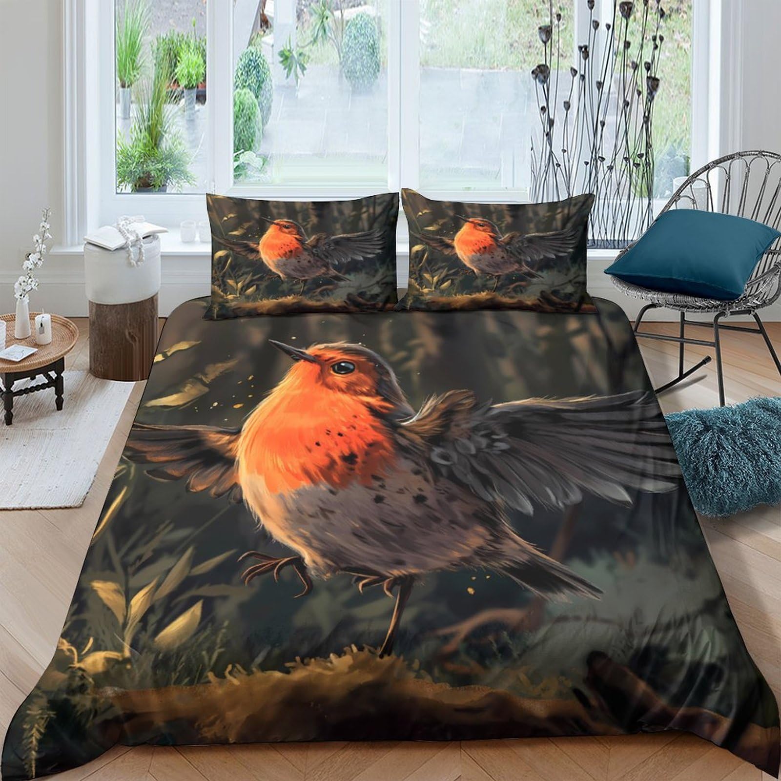 Ctjqhvkz Style-4 3D Printed Forest Robin Fitted Sheet Microfiber Soft Non Slip Bird Bed Cover For Bedroom Dorm Mattress Protection Decor Single（135X200cm）