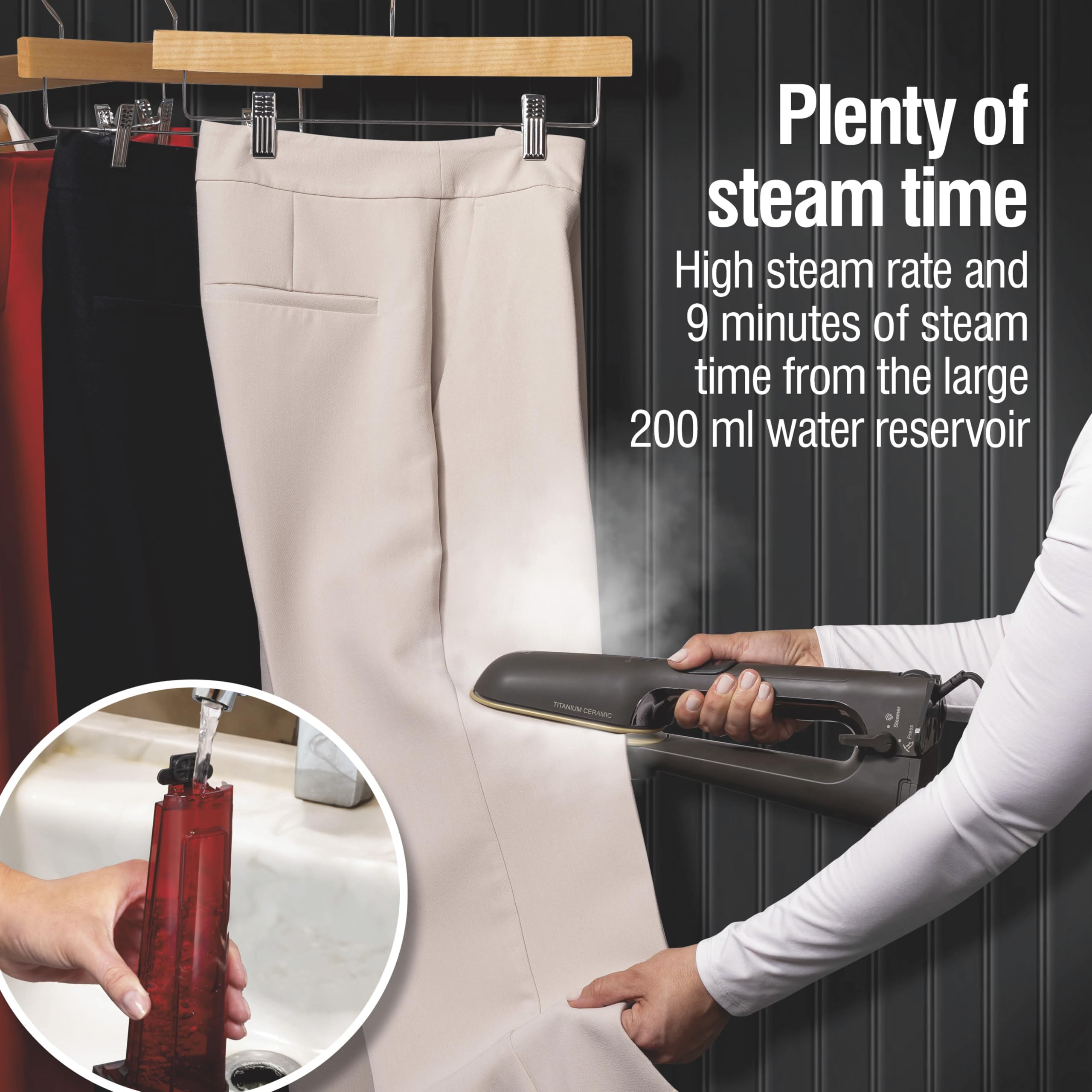CHI SteamPress - Vaporizzatore a mano 3 in 1 e ferro a vapore di bloccaggio, non necessita di asse da stiro, serbatoio dell'acqua da 200 ml, 9 minuti di vapore, riscaldamento rapido 25 secondi, 1500