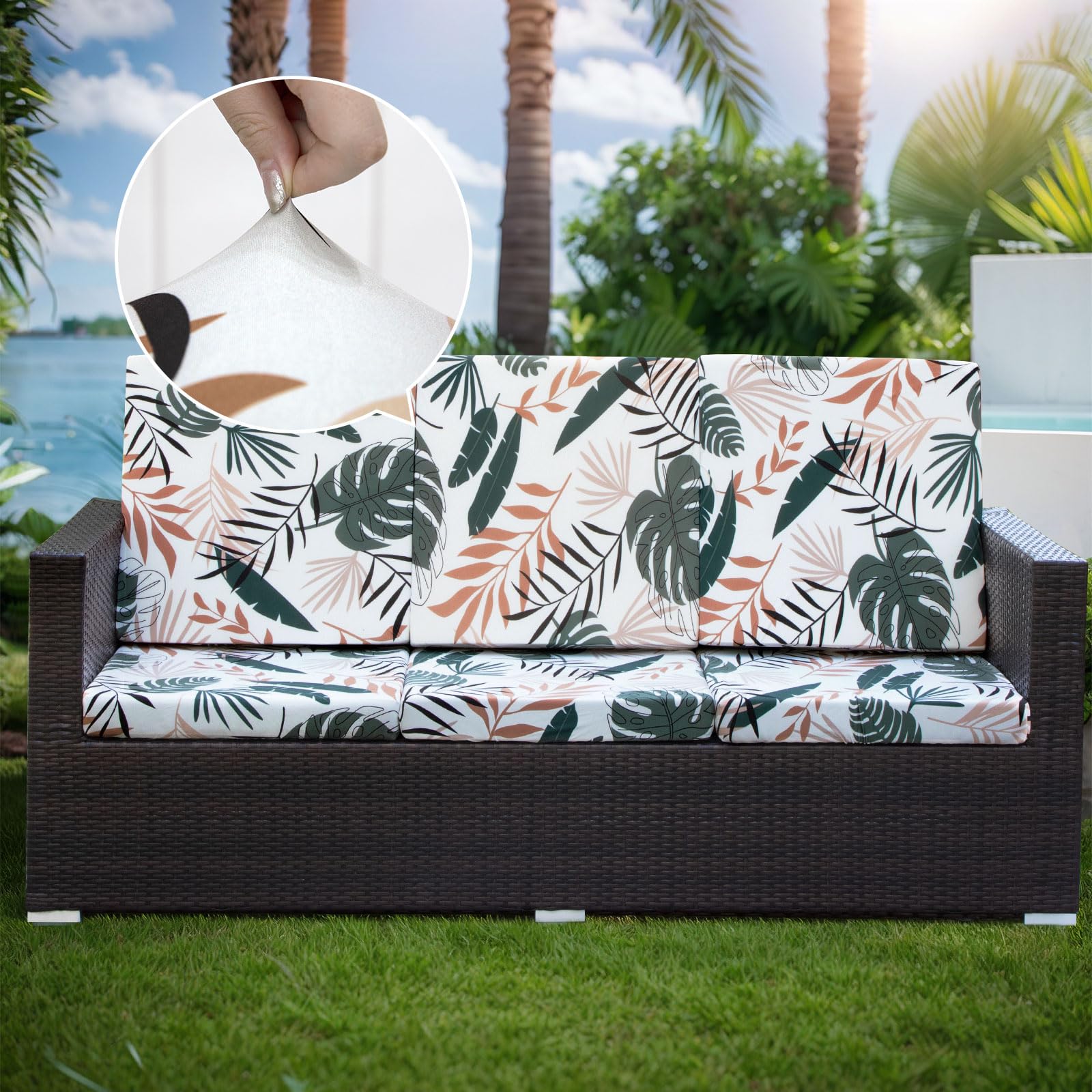 LiveGo Housse de coussin extensible pour canapé de jardin - Housse de coussin de remplacement pour mobilier d’extérieur - Protège-canapés de chaise - Souple et flexible - (8, Coconut Grove)