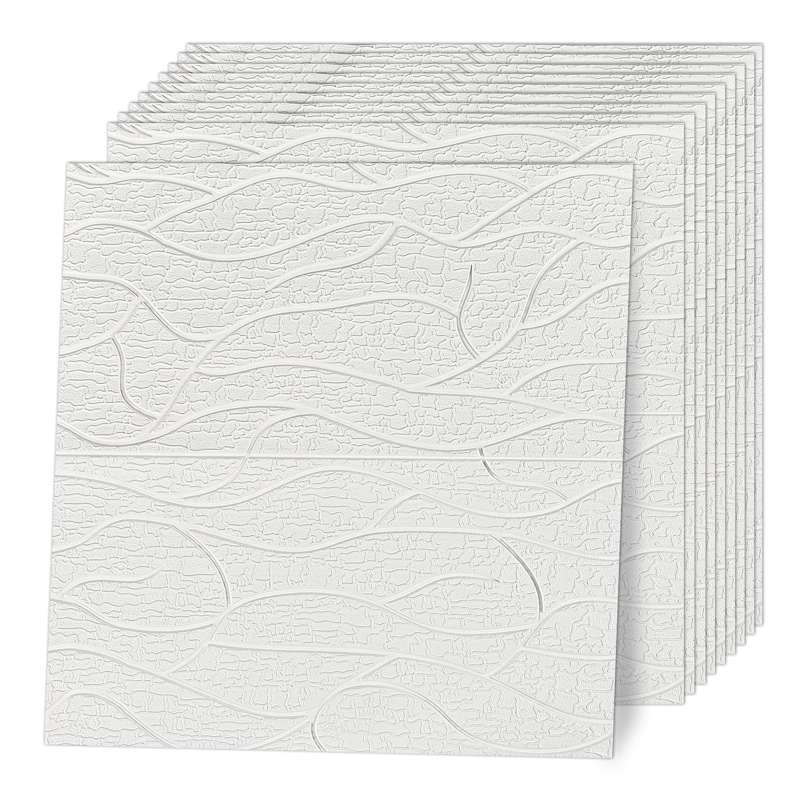 WASAIT 3D Wall Panels Peel and Stick Wave Large Faux Brick Wallpaper Self Adhesive Wall Panel for Interior Wall Decor Panels Living Room Bedroom Decorative Wall Panel (10PCS, White - Seaweed)