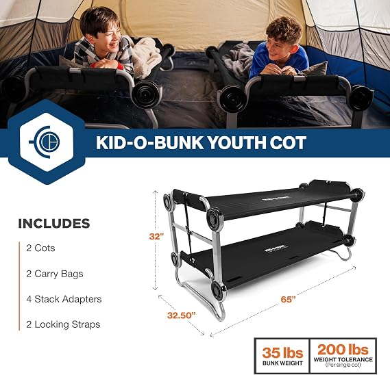 Disc-O-Bed Youth Double Cot Kid-O-Bunk w/ 200 Pound Capacity & Carry Bags