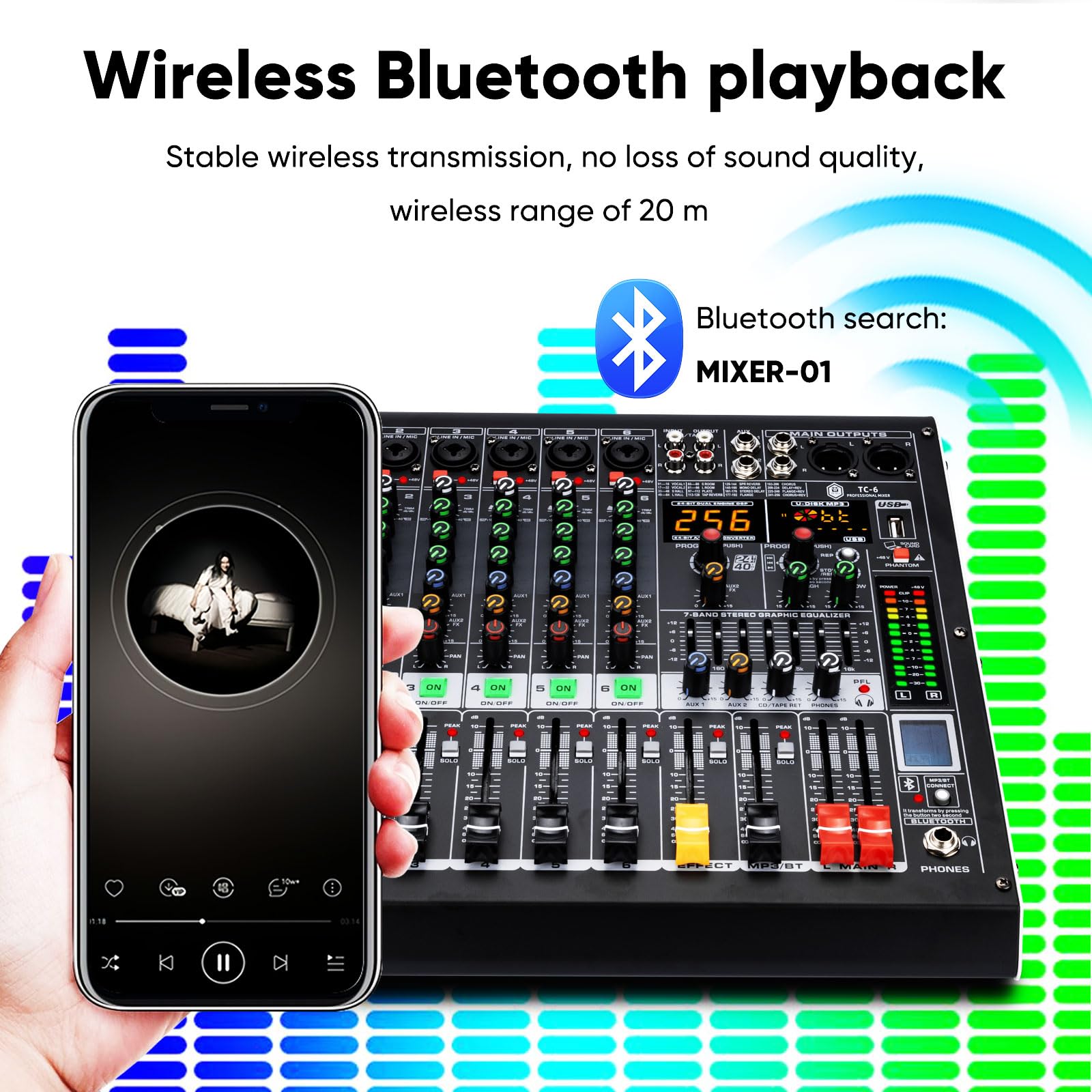 Professioneller 6-Kanal Audio-Mixer mit MP3-Player, Bluetooth, 48 V Phantomspeisung, USB-Aufnahme