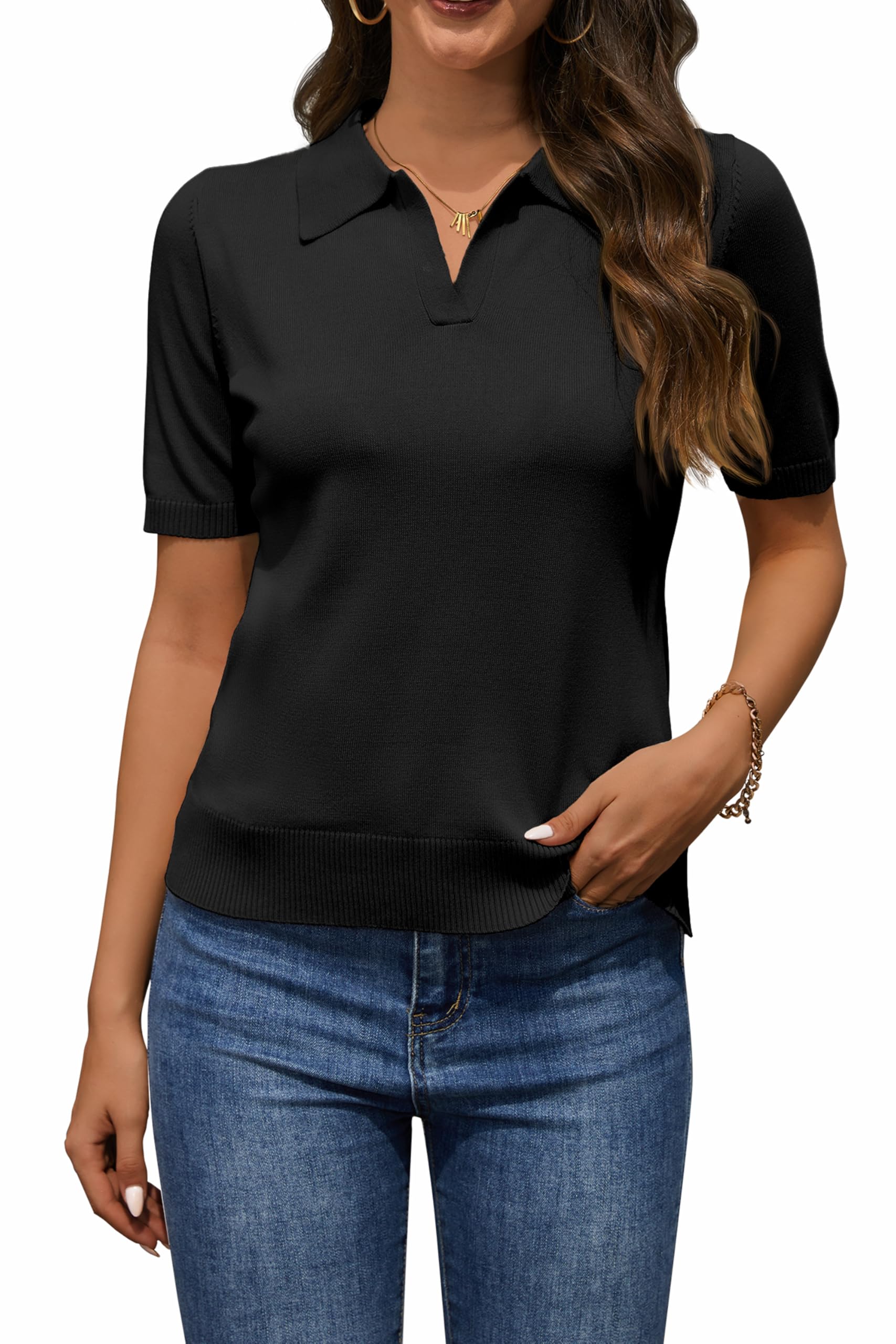 Neineiwu Womens Short Sleeve Sweater Casual Knit Lightweight Spring Top V Neck Soft Business Pullover Shirt