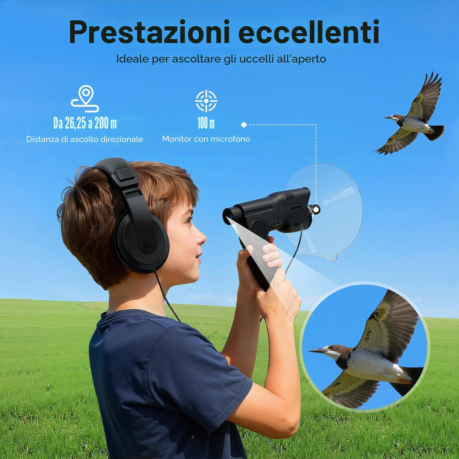 Microfono direzionale parabolico, dispositivo di intercettazione 200 m, detective con auricolari, ingrandimento 8x, amplificatore sonoro, registrazione per birdwatching animali
